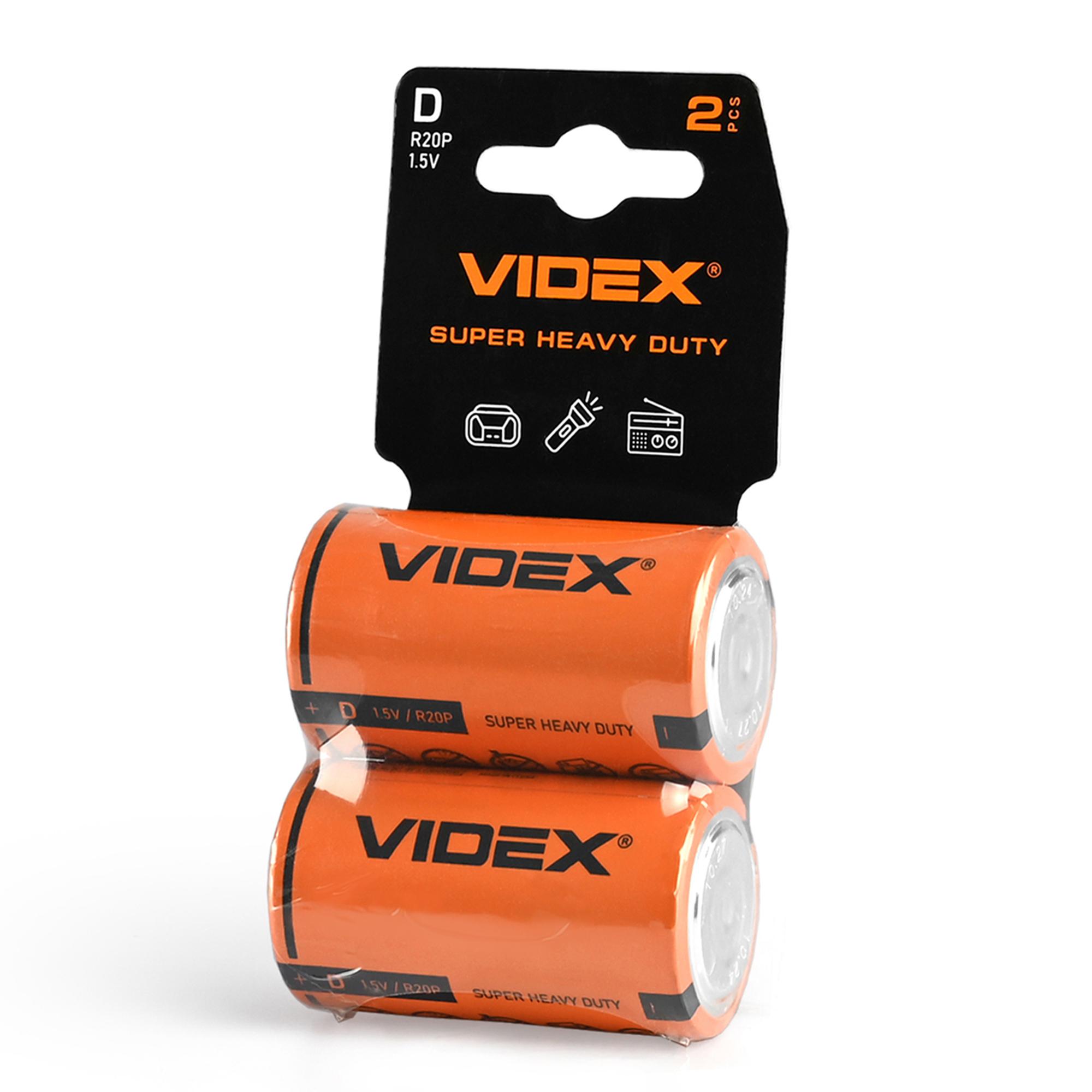 Батарейка сольова Videx R20P/D 2шт SHRINK CARD — фото 1 з 2