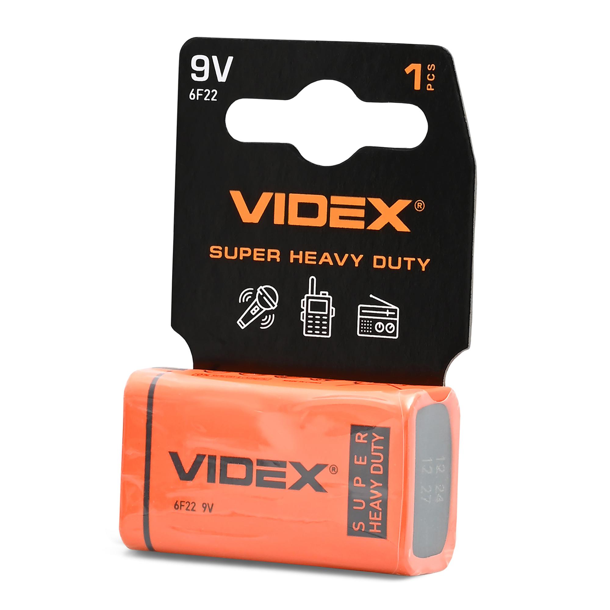 Батарейка сольова Videx 6F22/9V (Крона) 1шт SHRINK CARD — фото 1 з 3