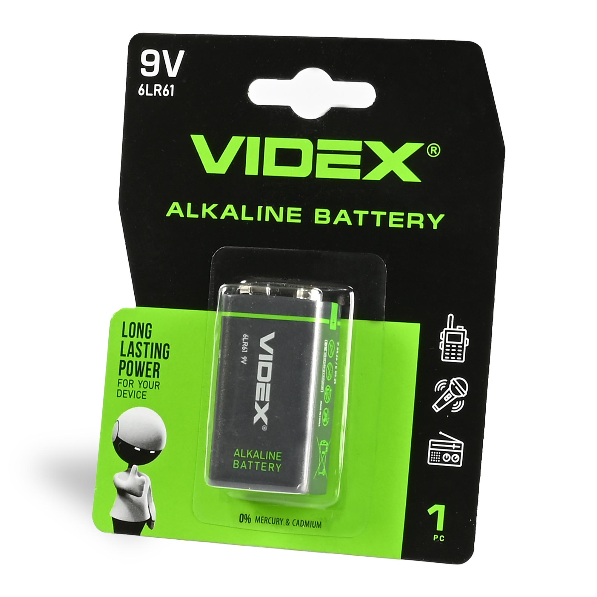 Батарейка лужна Videx 6LR61/9V (Крона) 1шт BLISTER — фото 1 з 2
