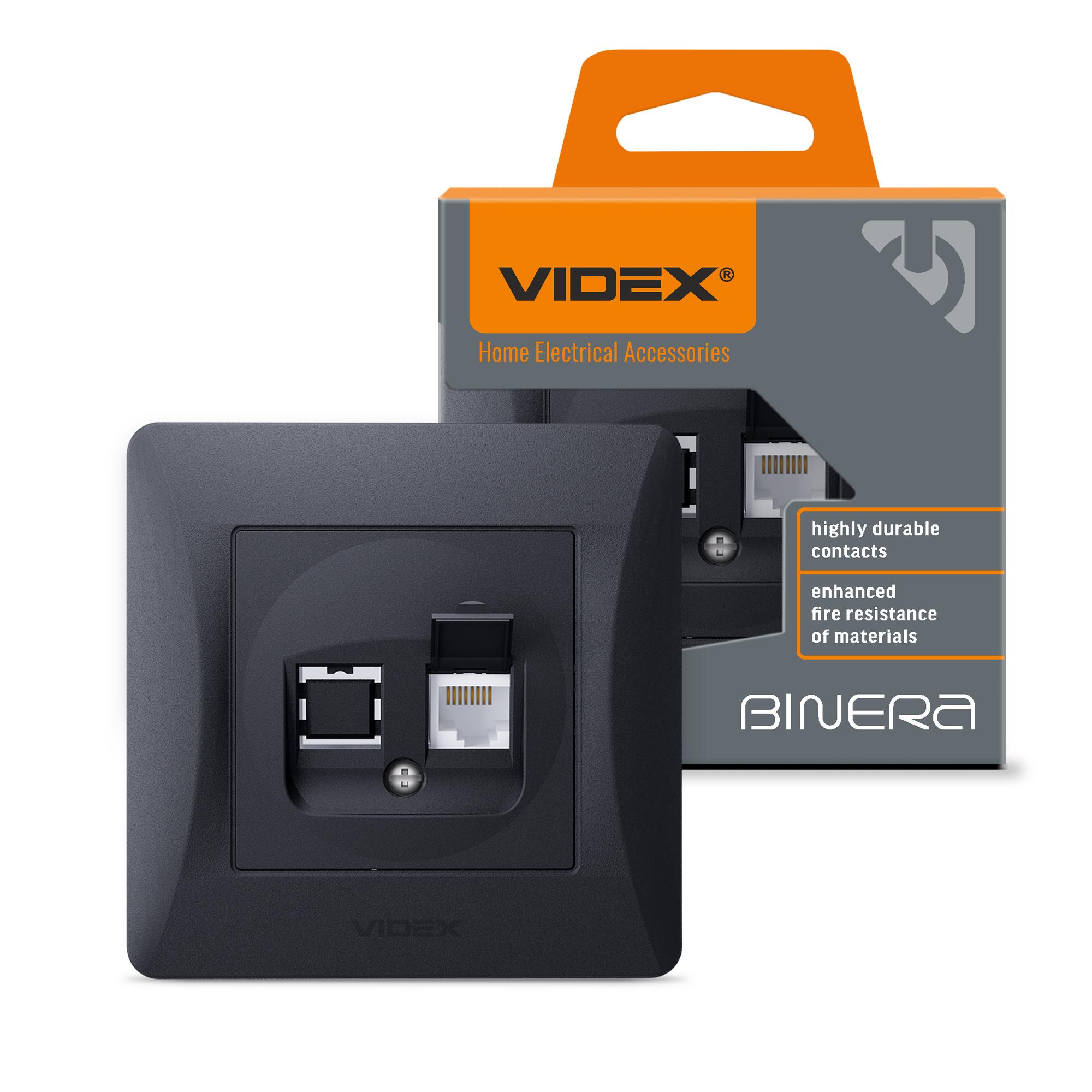 Розетка CAT6 одинарна комп'ютерна чорний графіт VIDEX BINERA — фото 1 з 6