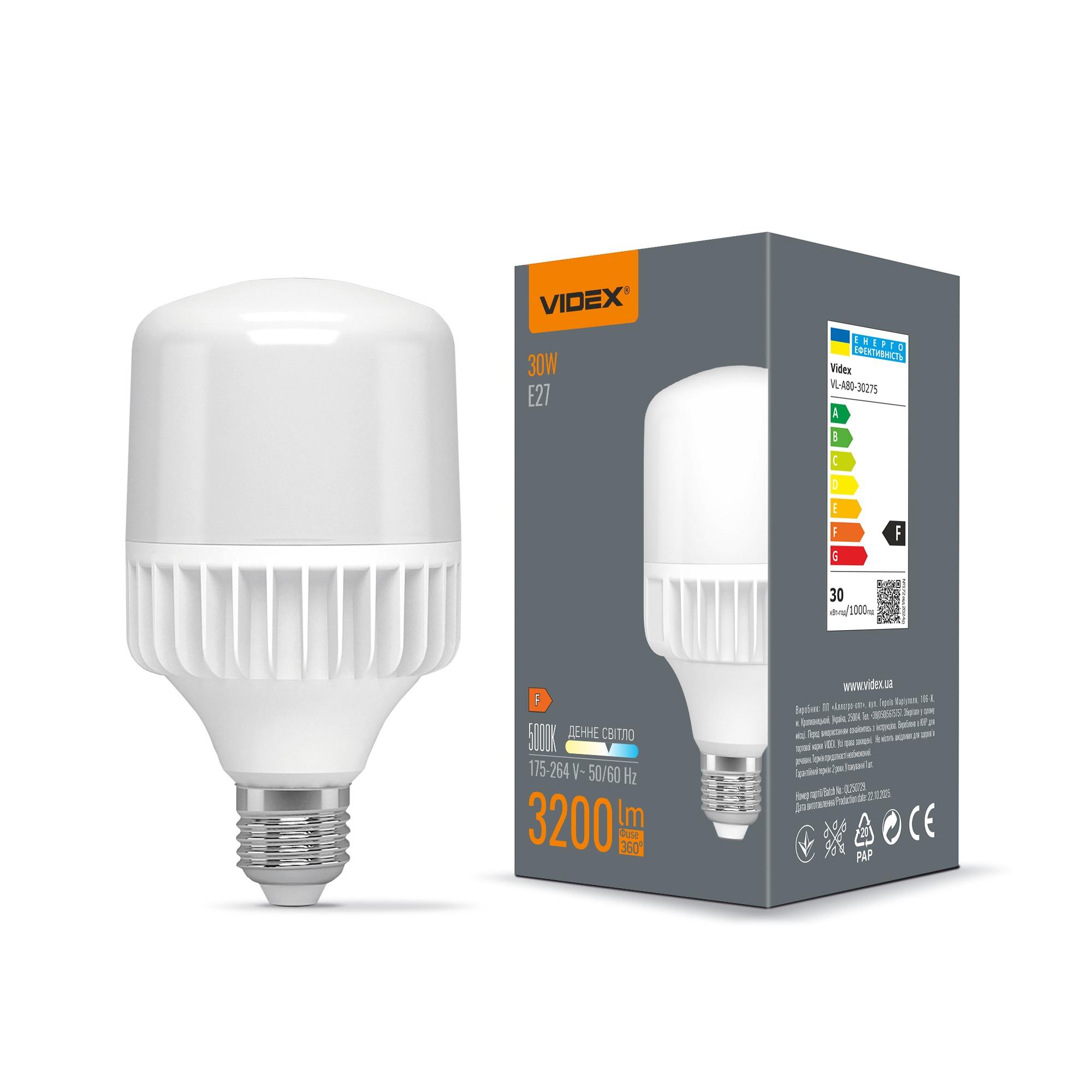 LED лампа VIDEX A80 30W E27 5000K
