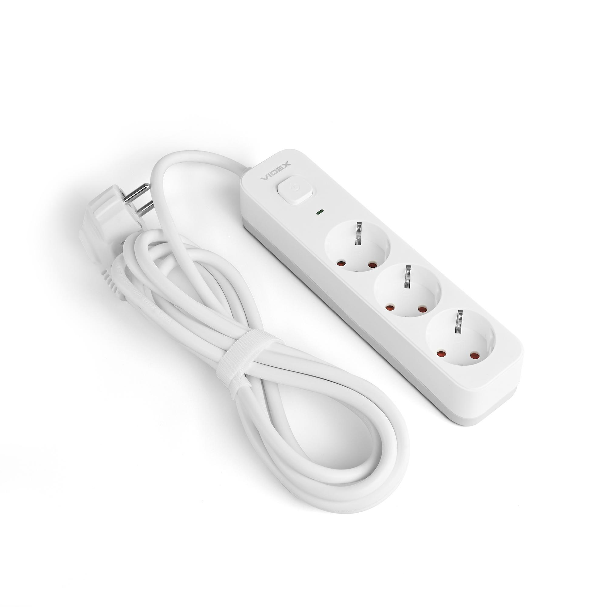 Мережевий подовжувач VIDEX ONCORD з/з 3п 3м (3x1.5мм) з кнопкою White — фото 2 з 11