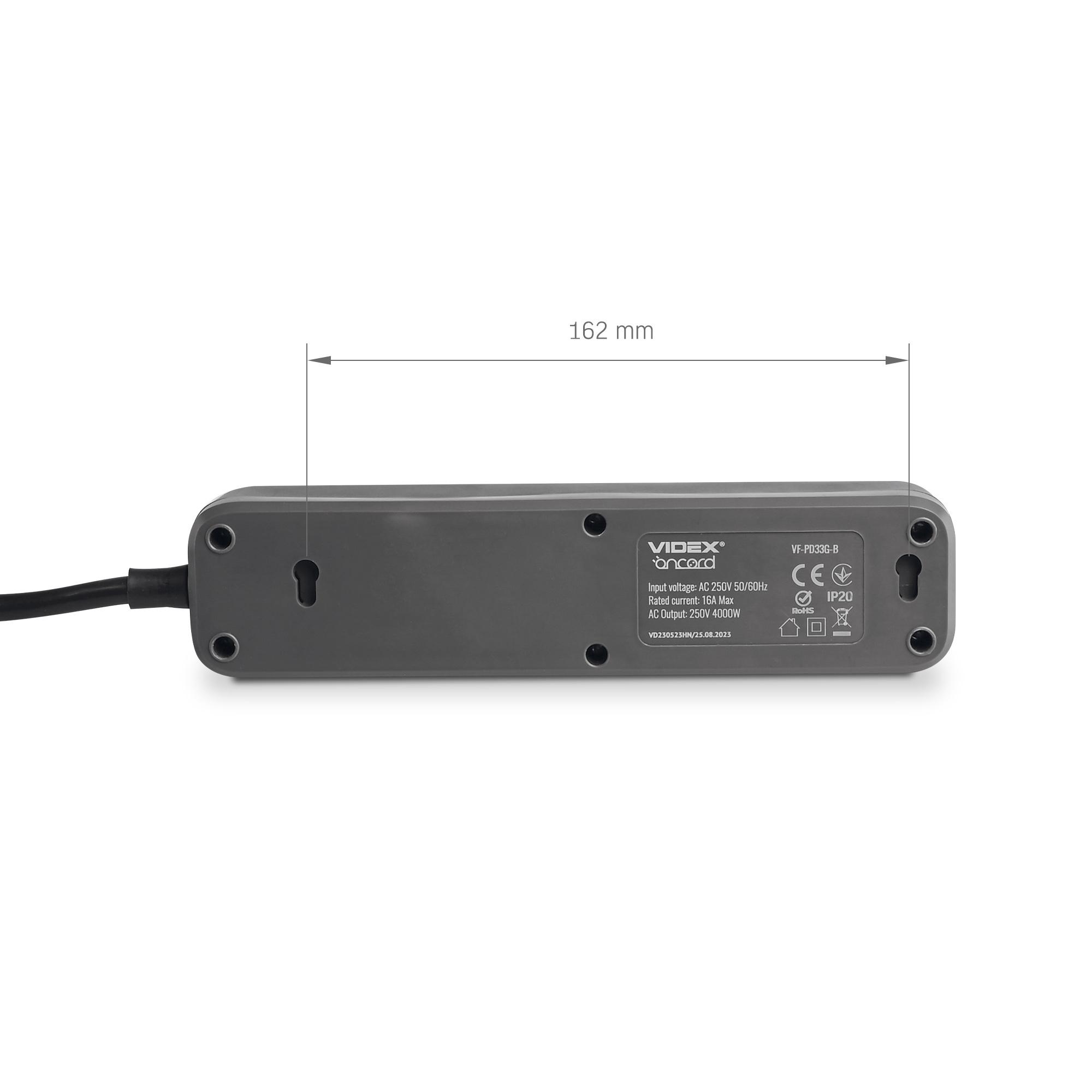 Мережевий подовжувач VIDEX ONCORD з/з 3п 3м (3x1.5мм) з кнопкою Black — фото 6 з 11