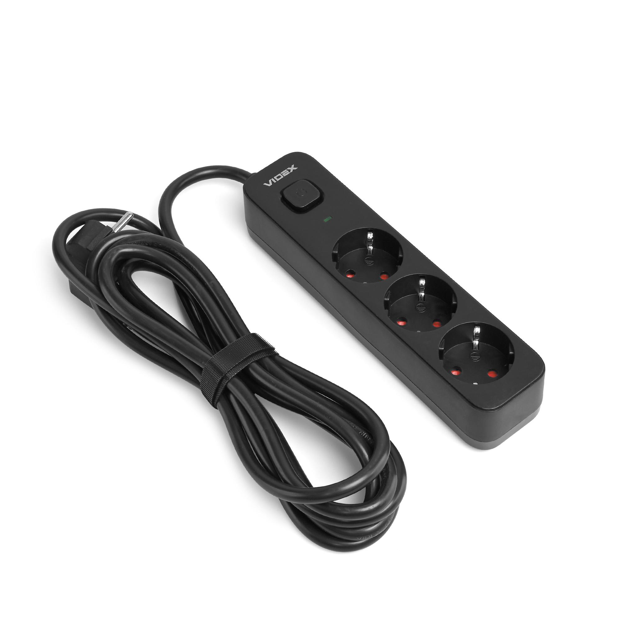 Мережевий подовжувач VIDEX ONCORD з/з 3п 3м (3x1.5мм) з кнопкою Black — фото 2 з 11