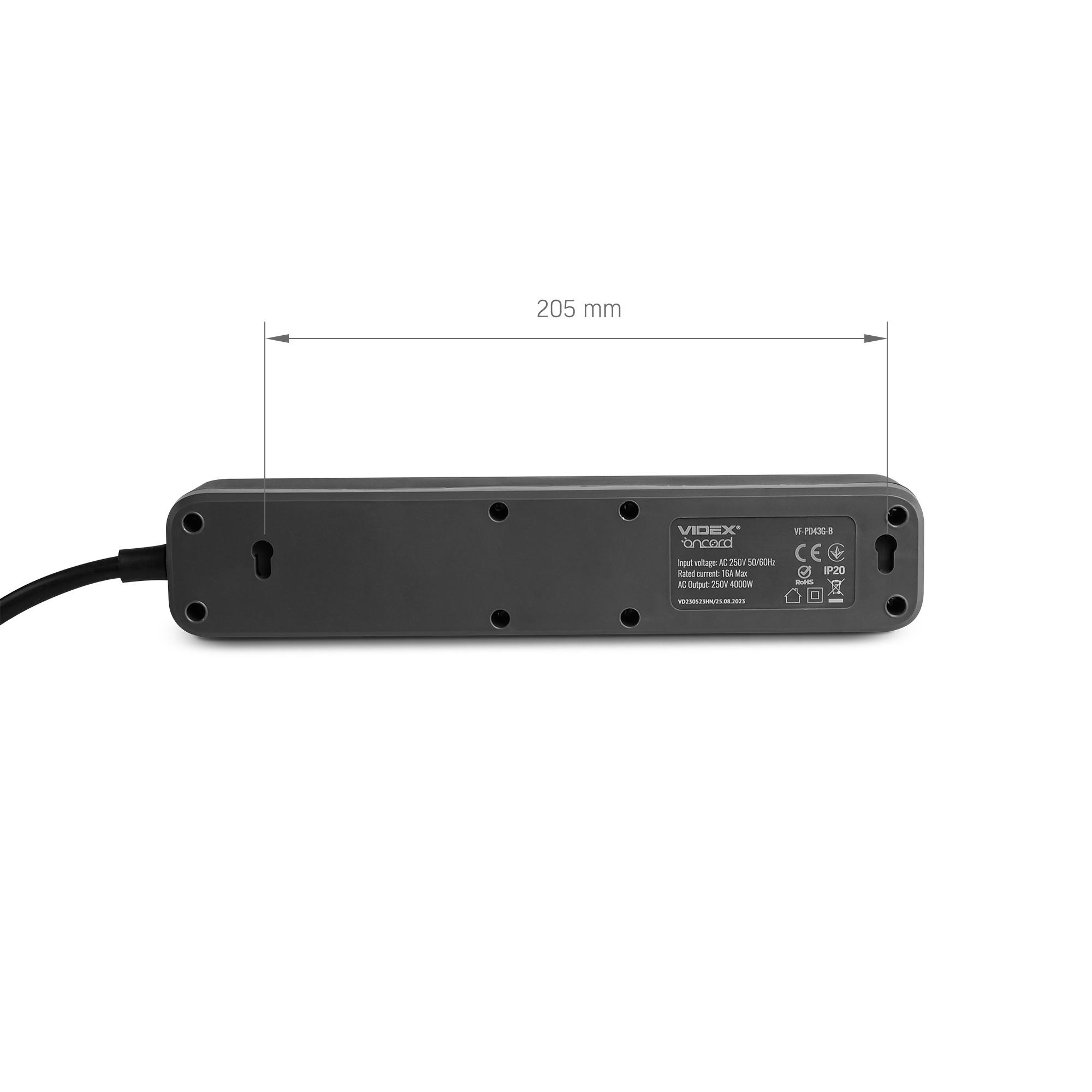 Мережевий подовжувач VIDEX ONCORD з/з 4п 3м (3x1.5мм) з кнопкою Black — фото 6 з 11
