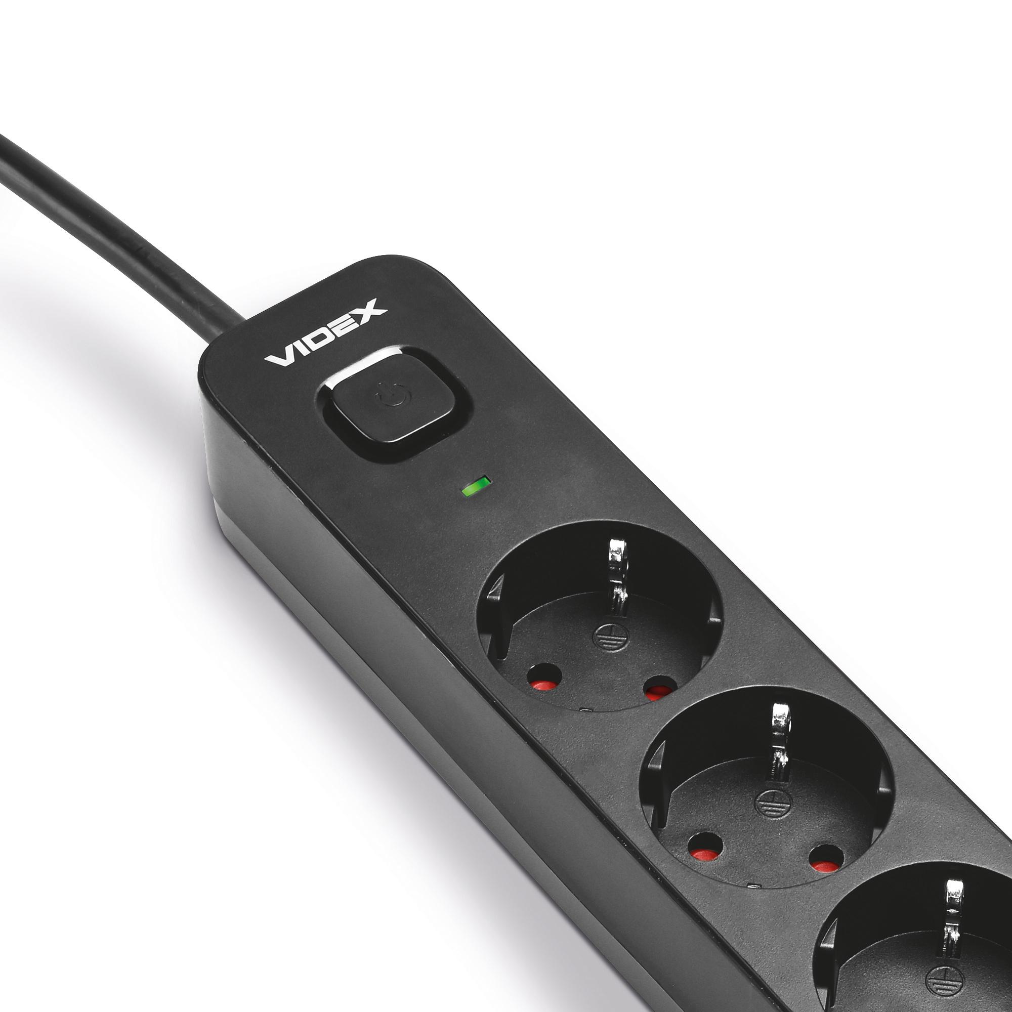Мережевий подовжувач VIDEX ONCORD з/з 4п 3м (3x1.5мм) з кнопкою Black — фото 3 з 11
