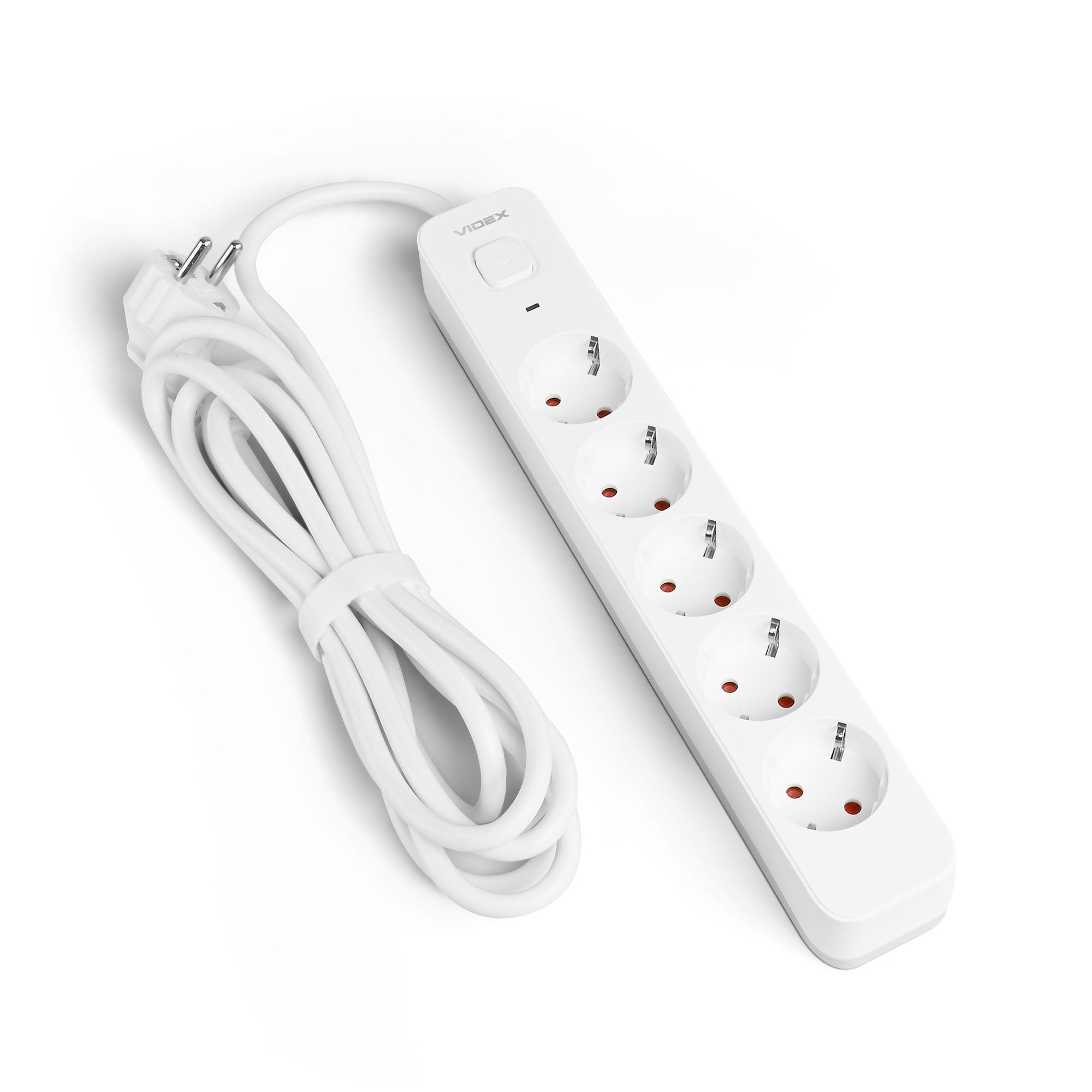 Мережевий подовжувач VIDEX ONCORD з/з 5п 3м (3x1.5мм) з кнопкою White — фото 2 з 11