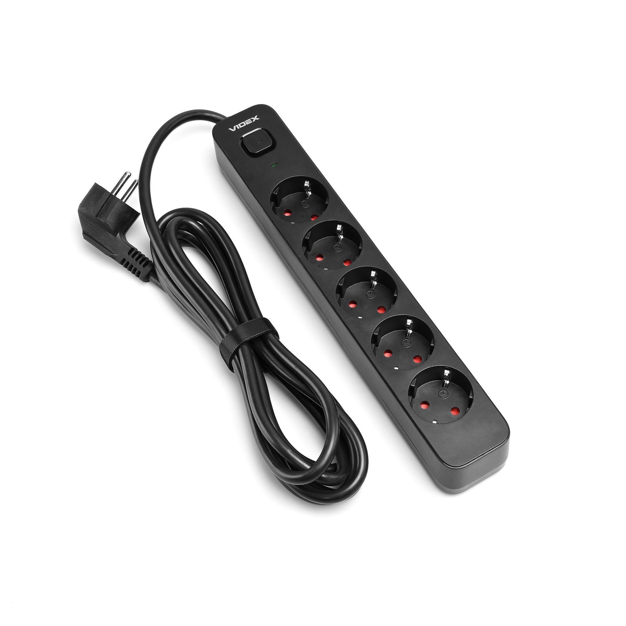 Мережевий подовжувач VIDEX ONCORD з/з 5п 3м (3x1.5мм) з кнопкою Black — фото 2 з 11