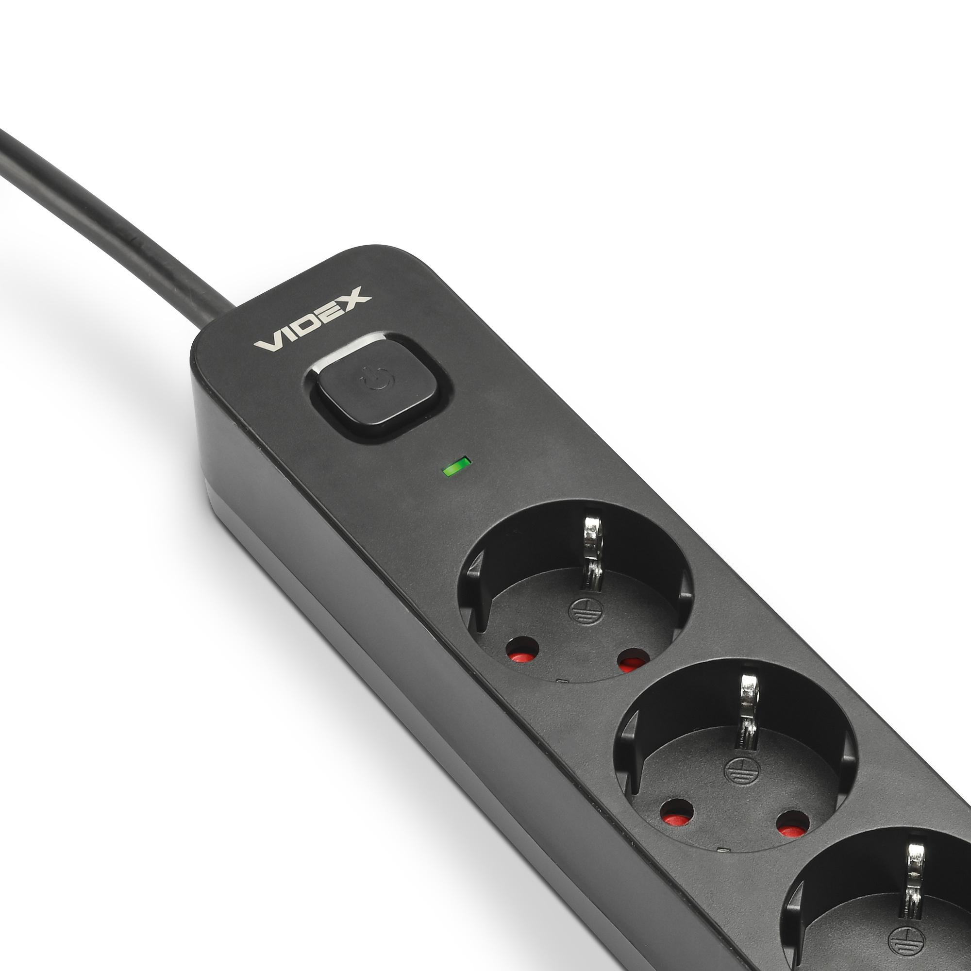 Мережевий подовжувач VIDEX ONCORD з/з 5п 3м (3x1.5мм) з кнопкою Black — фото 3 з 11