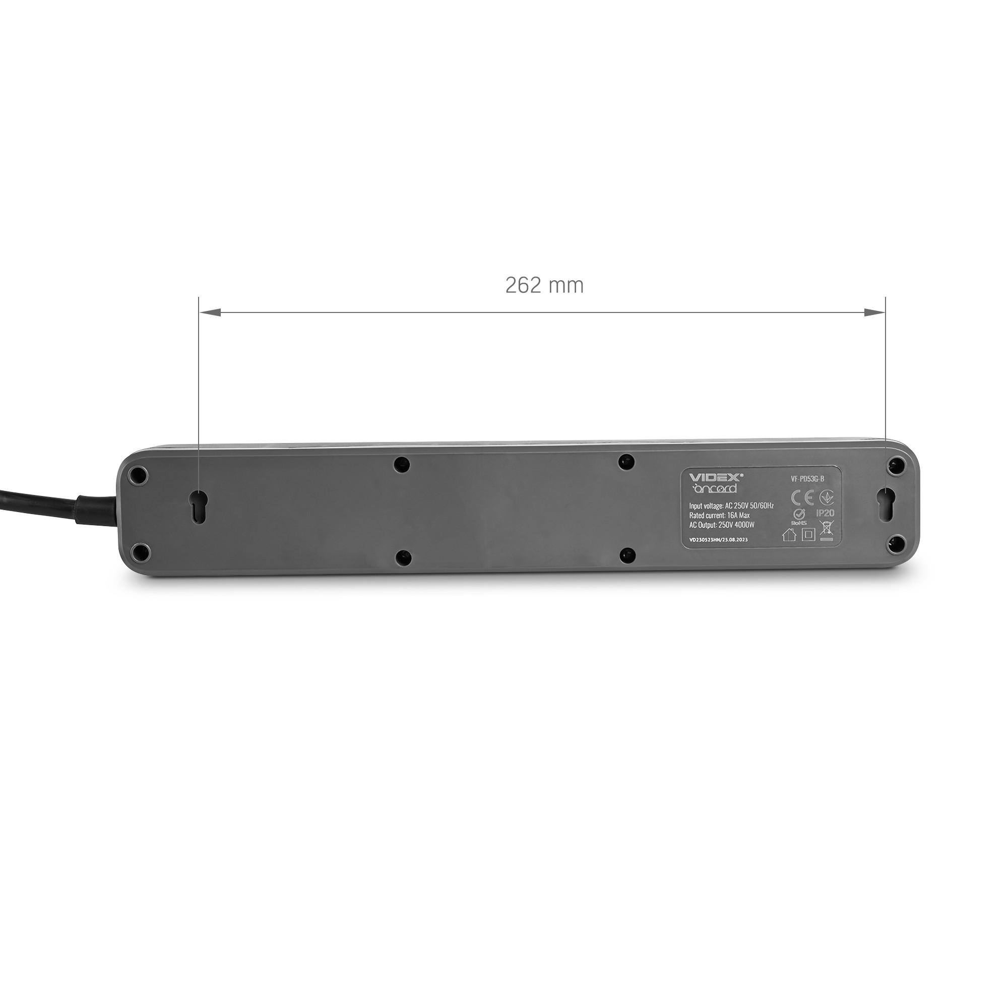 Мережевий подовжувач VIDEX ONCORD з/з 5п 3м (3x1.5мм) з кнопкою Black — фото 6 з 11
