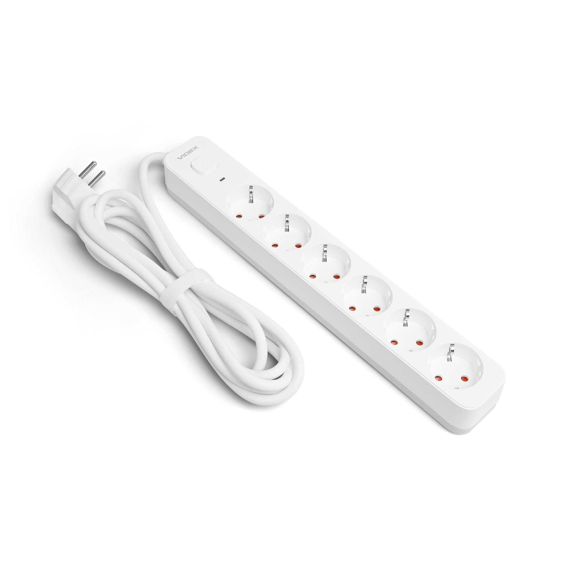 Мережевий подовжувач VIDEX ONCORD з/з 6п 3м (3x1.5мм) з кнопкою White — фото 2 з 11