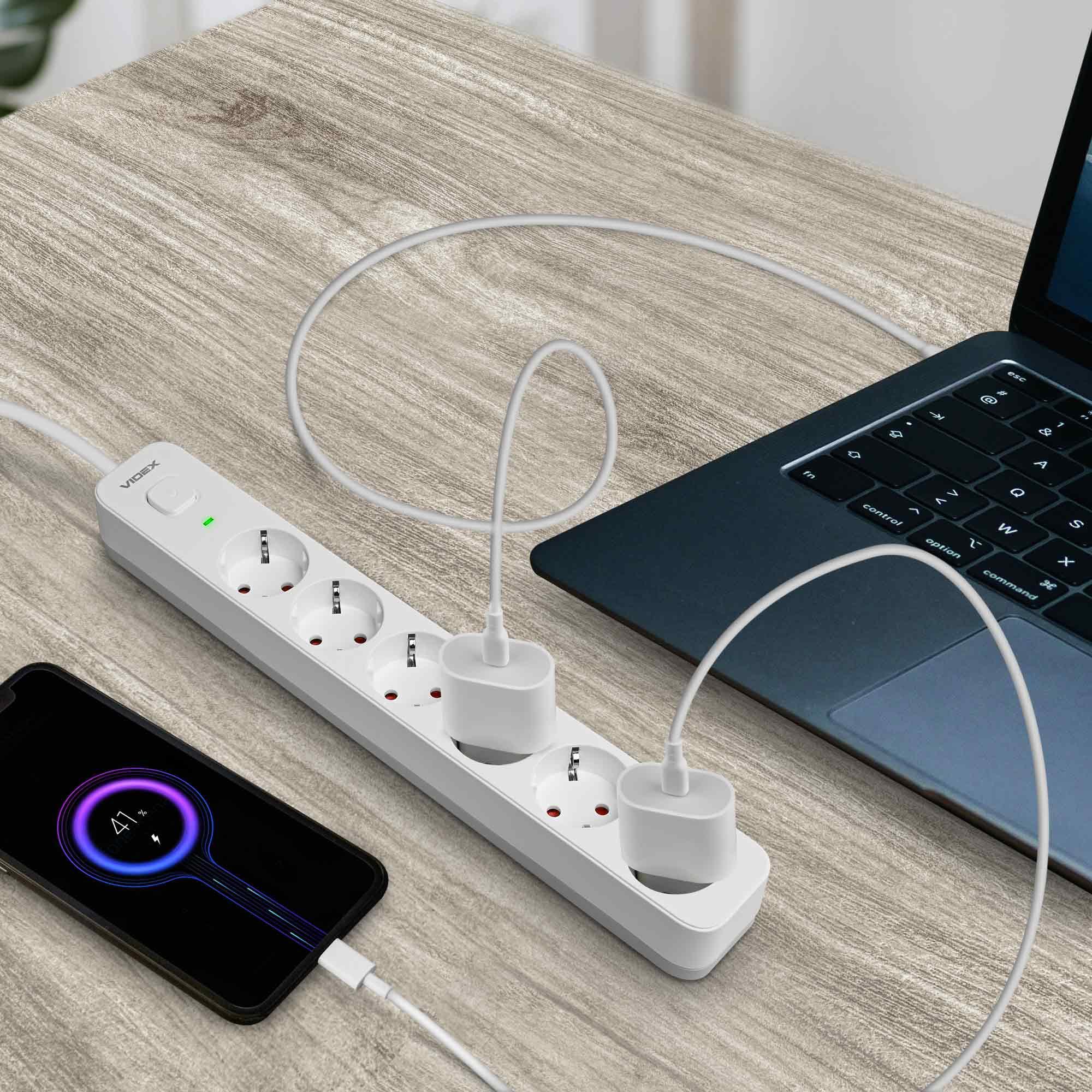 Мережевий подовжувач VIDEX ONCORD з/з 6п 3м (3x1.5мм) з кнопкою White — фото 10 з 11
