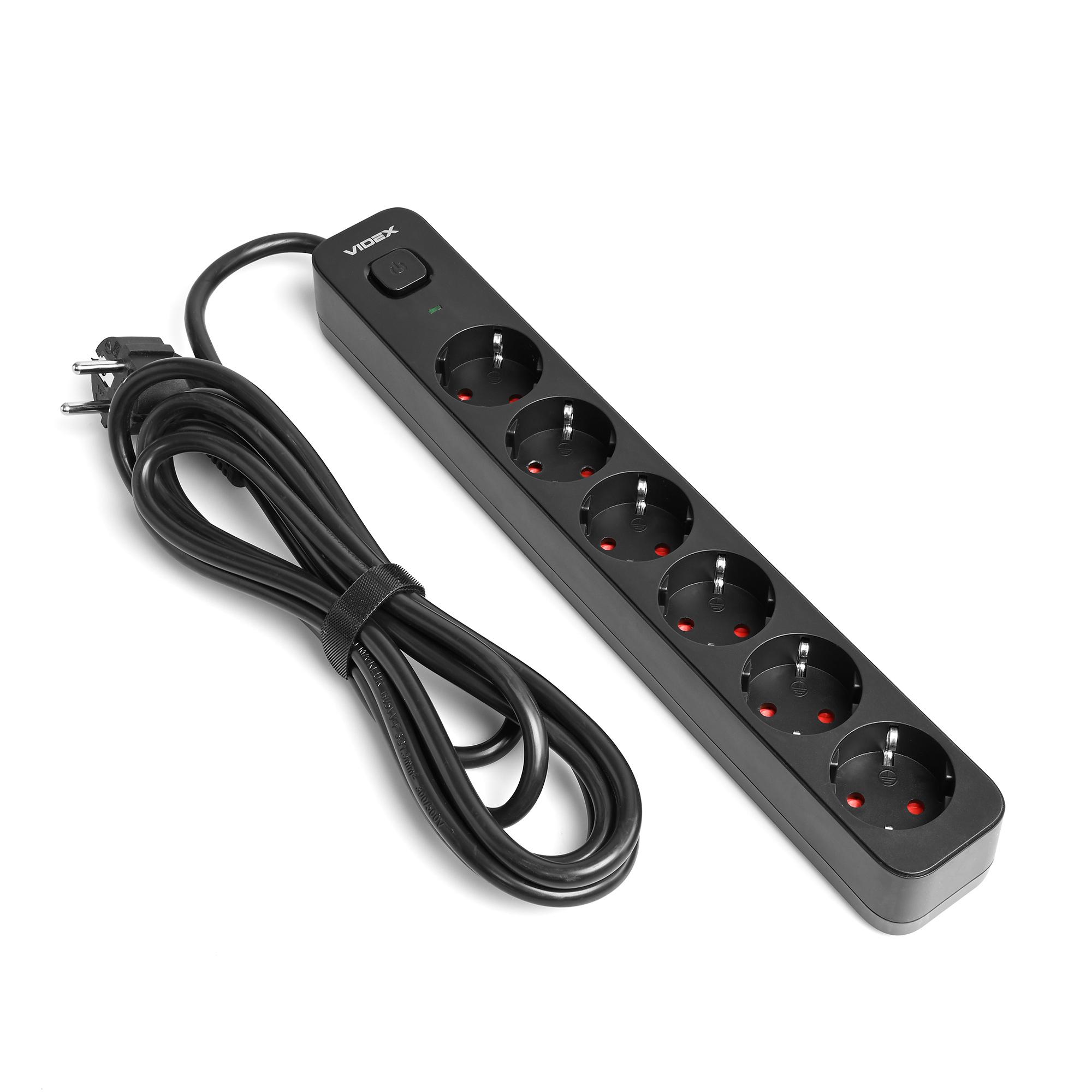 Мережевий подовжувач VIDEX ONCORD з/з 6п 3м (3x1.5мм) з кнопкою Black — фото 2 з 11