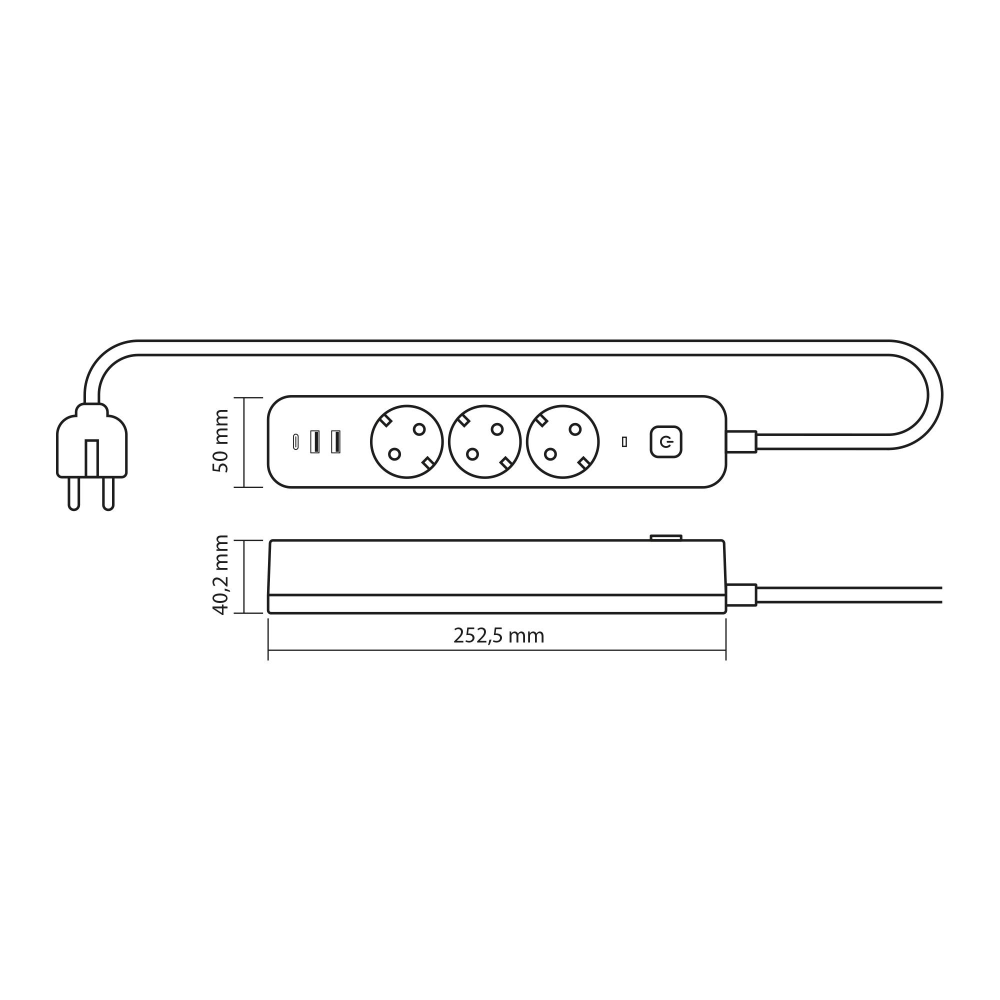 Мережевий подовжувач VIDEX ONCORD з/з 3п 3м (3x1.5мм) 2.4А 2USB+USB-C з кнопкою White — фото 12 з 12