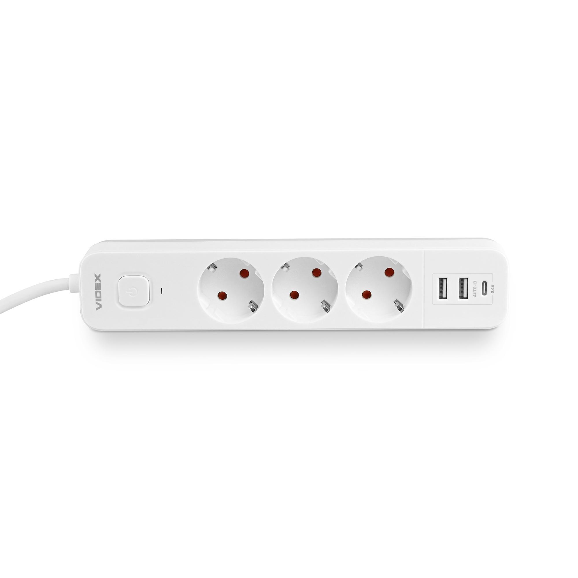 Мережевий подовжувач VIDEX ONCORD з/з 3п 3м (3x1.5мм) 2.4А 2USB+USB-C з кнопкою White — фото 5 з 12
