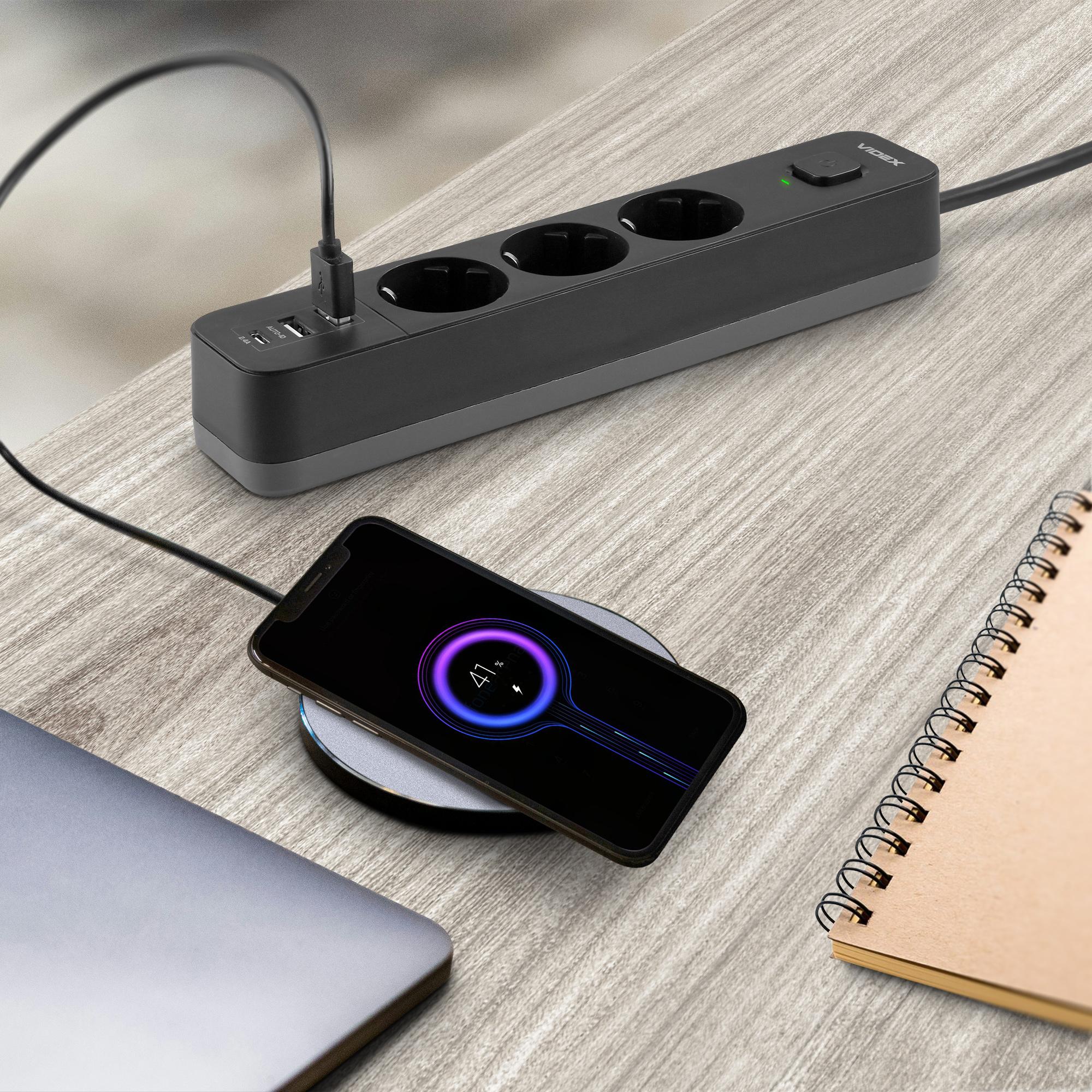 Мережевий подовжувач VIDEX ONCORD з/з 3п 3м (3x1.5мм) 2.4А 2USB+USB-C з кнопкою Black — фото 11 з 12