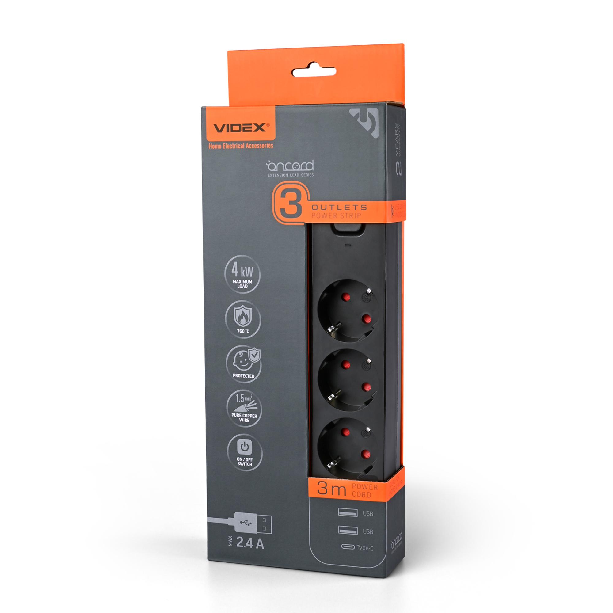 Мережевий подовжувач VIDEX ONCORD з/з 3п 3м (3x1.5мм) 2.4А 2USB+USB-C з кнопкою Black — фото 1 з 12