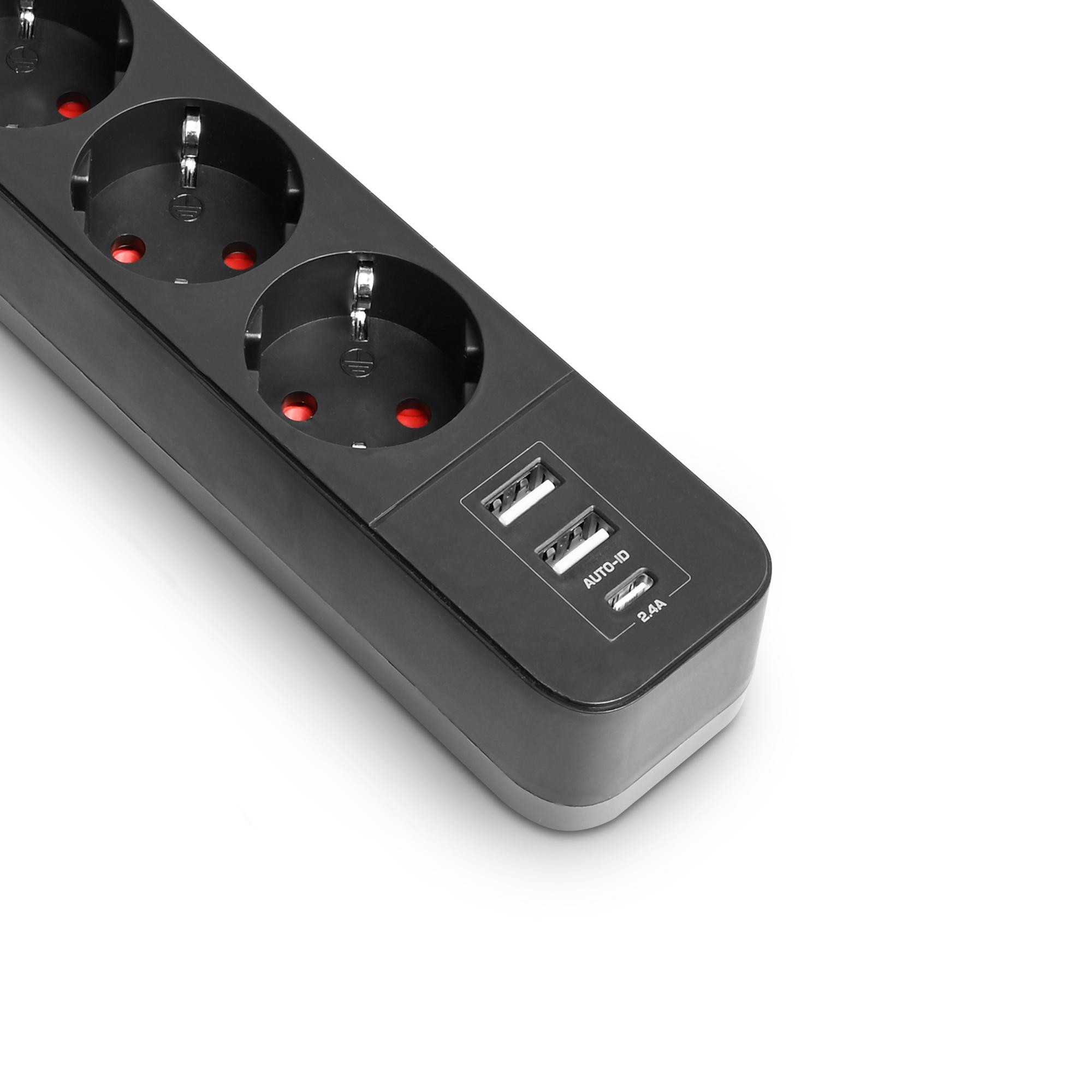 Мережевий подовжувач VIDEX ONCORD з/з 3п 3м (3x1.5мм) 2.4А 2USB+USB-C з кнопкою Black — фото 4 з 12