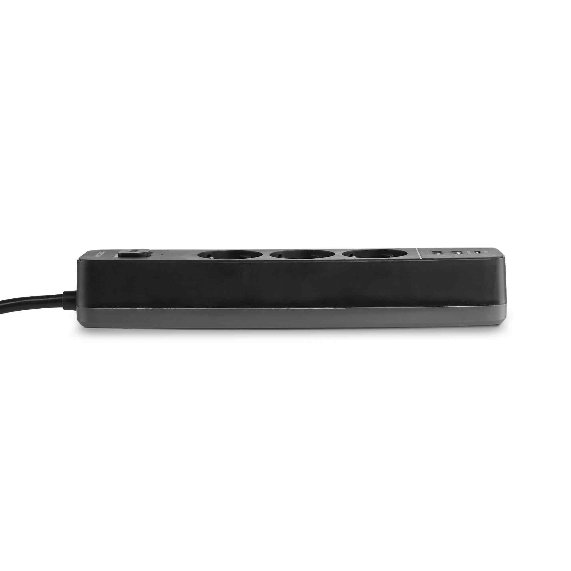 Мережевий подовжувач VIDEX ONCORD з/з 3п 3м (3x1.5мм) 2.4А 2USB+USB-C з кнопкою Black — фото 6 з 12