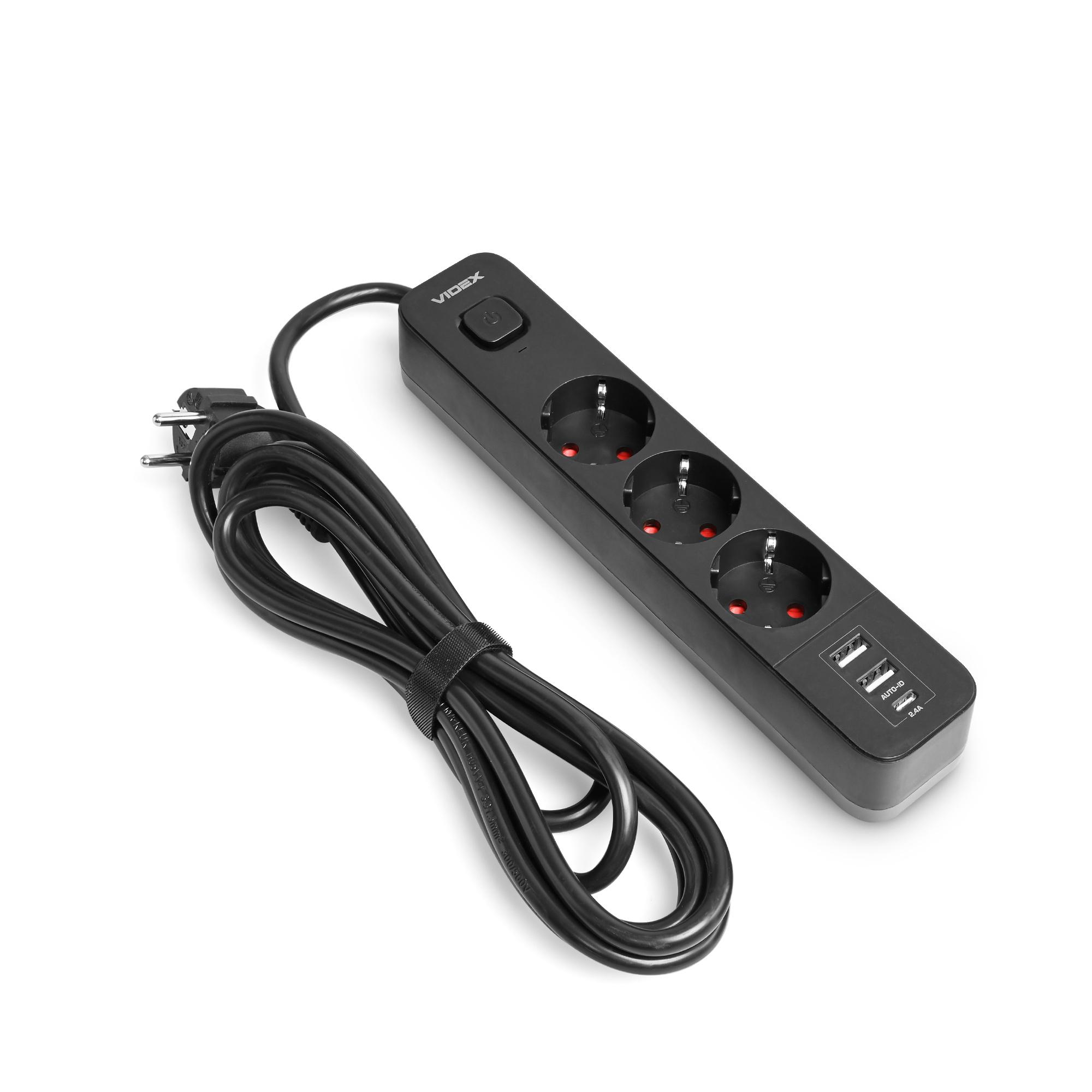 Мережевий подовжувач VIDEX ONCORD з/з 3п 3м (3x1.5мм) 2.4А 2USB+USB-C з кнопкою Black — фото 2 з 12