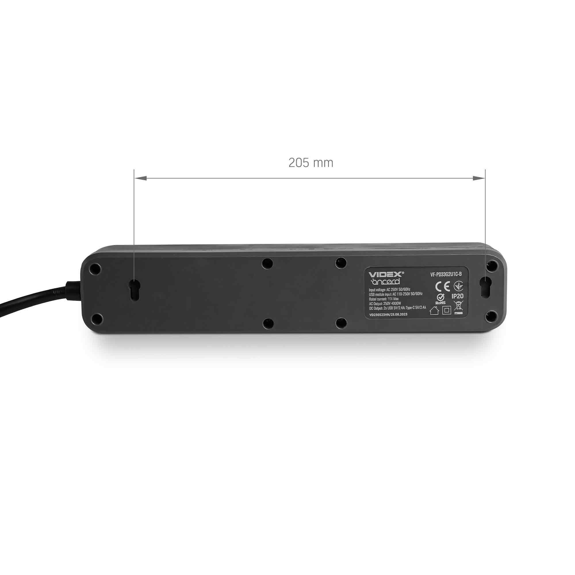Мережевий подовжувач VIDEX ONCORD з/з 3п 3м (3x1.5мм) 2.4А 2USB+USB-C з кнопкою Black — фото 7 з 12