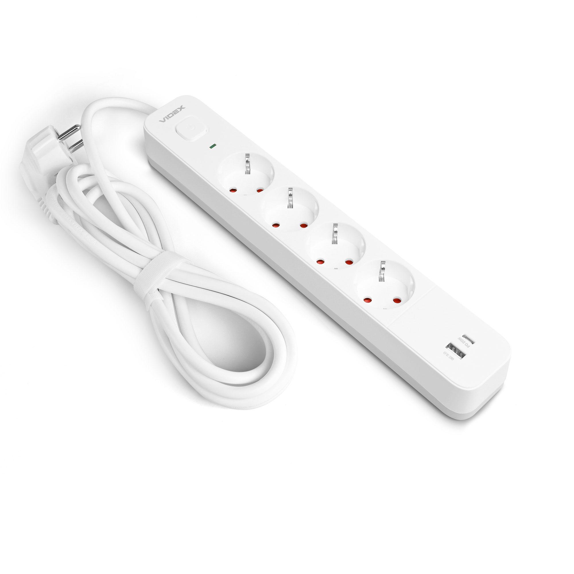 Мережевий подовжувач VIDEX ONCORD з/з 4п 3м (3x1.5мм) 3.4А USB(QC3.0) +USB-C(PD20W) з кнопкою White — фото 2 з 12