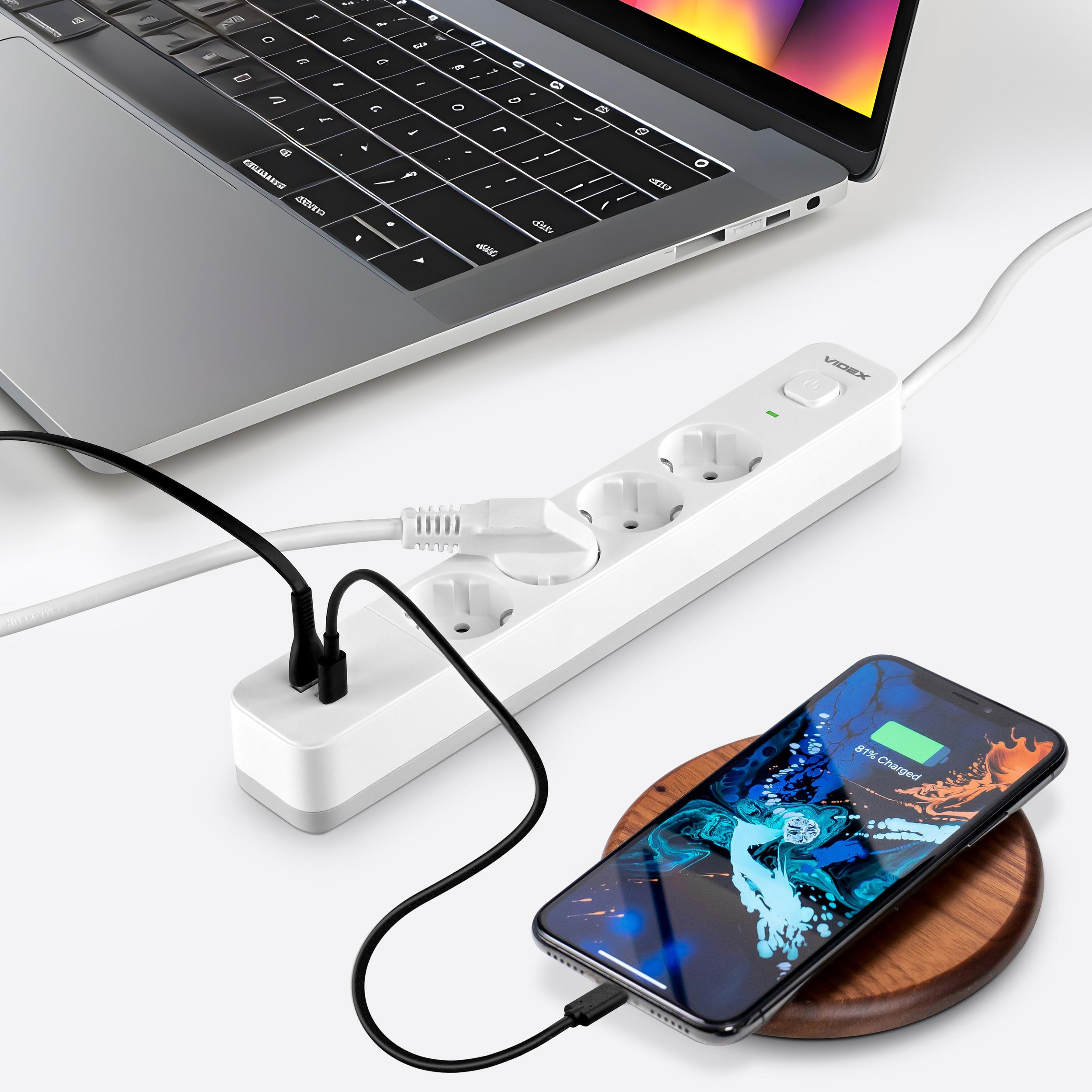 Мережевий подовжувач VIDEX ONCORD з/з 4п 3м (3x1.5мм) 3.4А USB(QC3.0) +USB-C(PD20W) з кнопкою White — фото 11 з 12