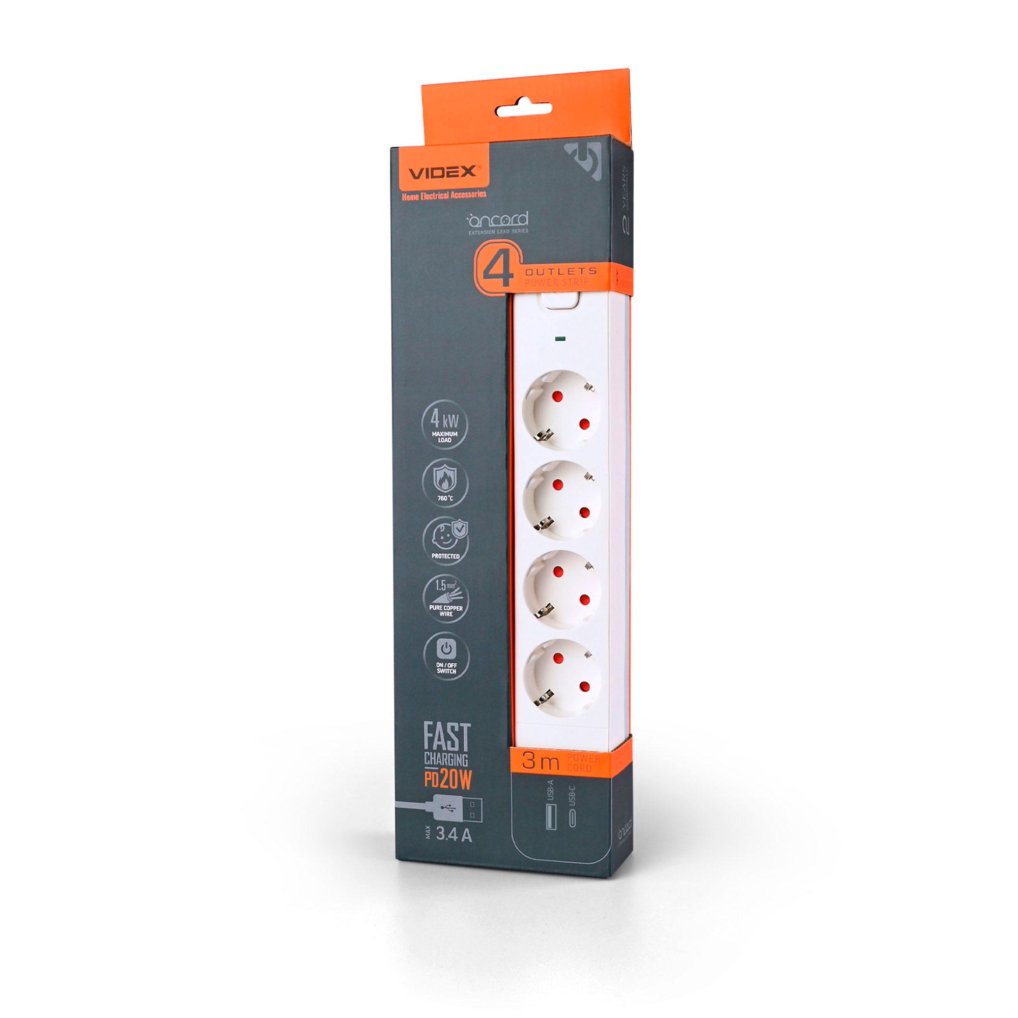Мережевий подовжувач VIDEX ONCORD з/з 4п 3м (3x1.5мм) 3.4А USB(QC3.0) +USB-C(PD20W) з кнопкою White — фото 1 з 12