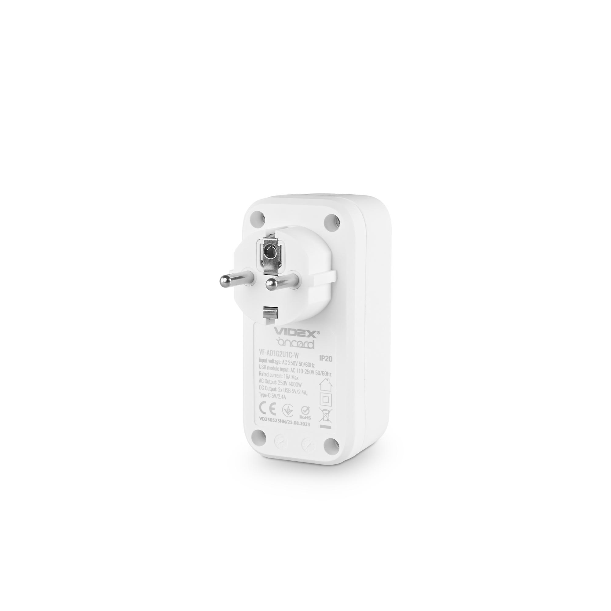 Мережевий адаптер VIDEX ONCORD з/з 1п 2.4A 2USB+USB-C White — фото 4 з 8