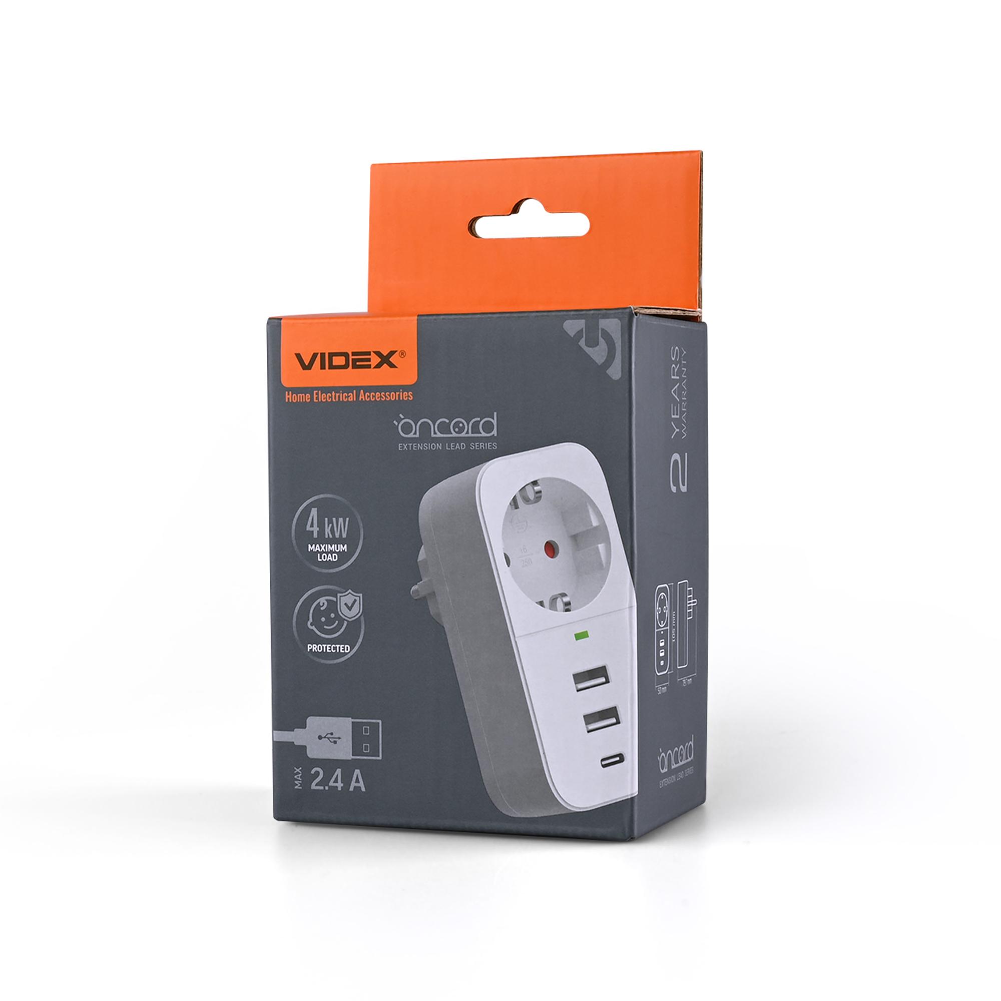 Мережевий адаптер VIDEX ONCORD з/з 1п 2.4A 2USB+USB-C White — фото 1 з 8