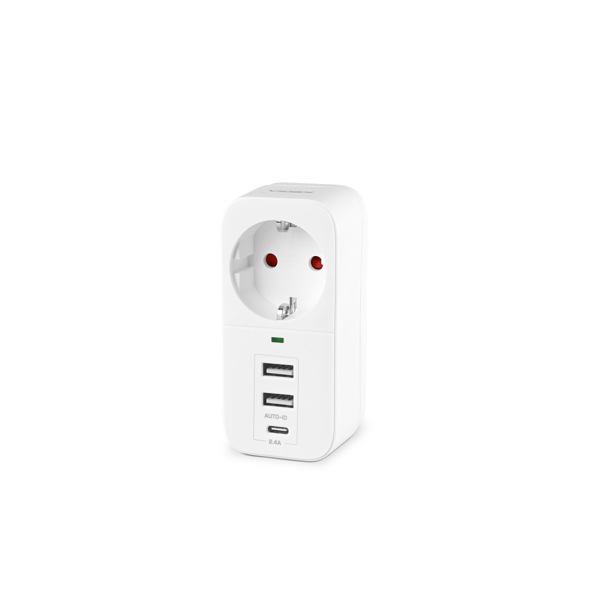 Мережевий адаптер VIDEX ONCORD з/з 1п 2.4A 2USB+USB-C White — фото 2 з 8
