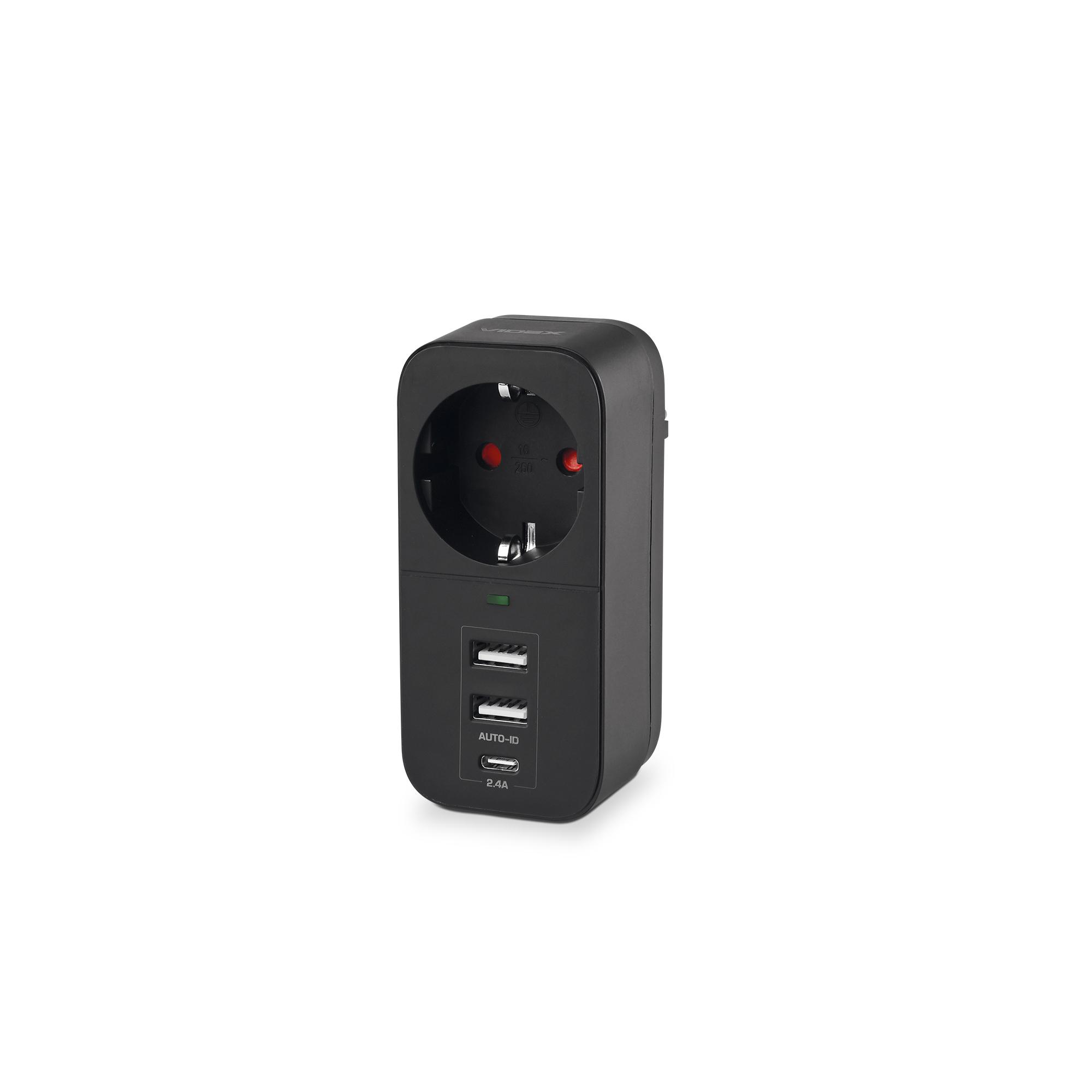 Мережевий адаптер VIDEX ONCORD з/з 1п 2.4A 2USB+USB-C Black — фото 2 з 8