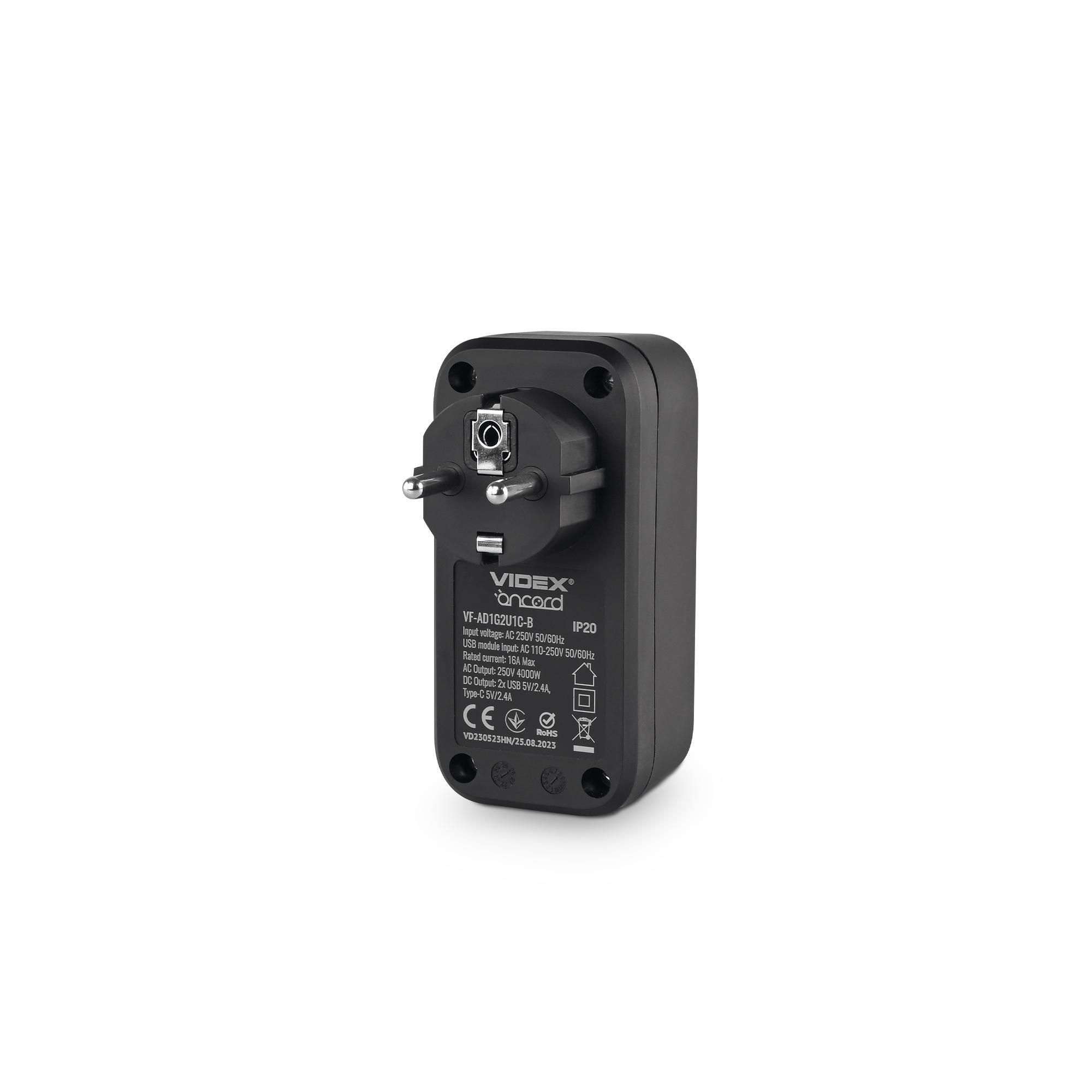 Мережевий адаптер VIDEX ONCORD з/з 1п 2.4A 2USB+USB-C Black — фото 4 з 8