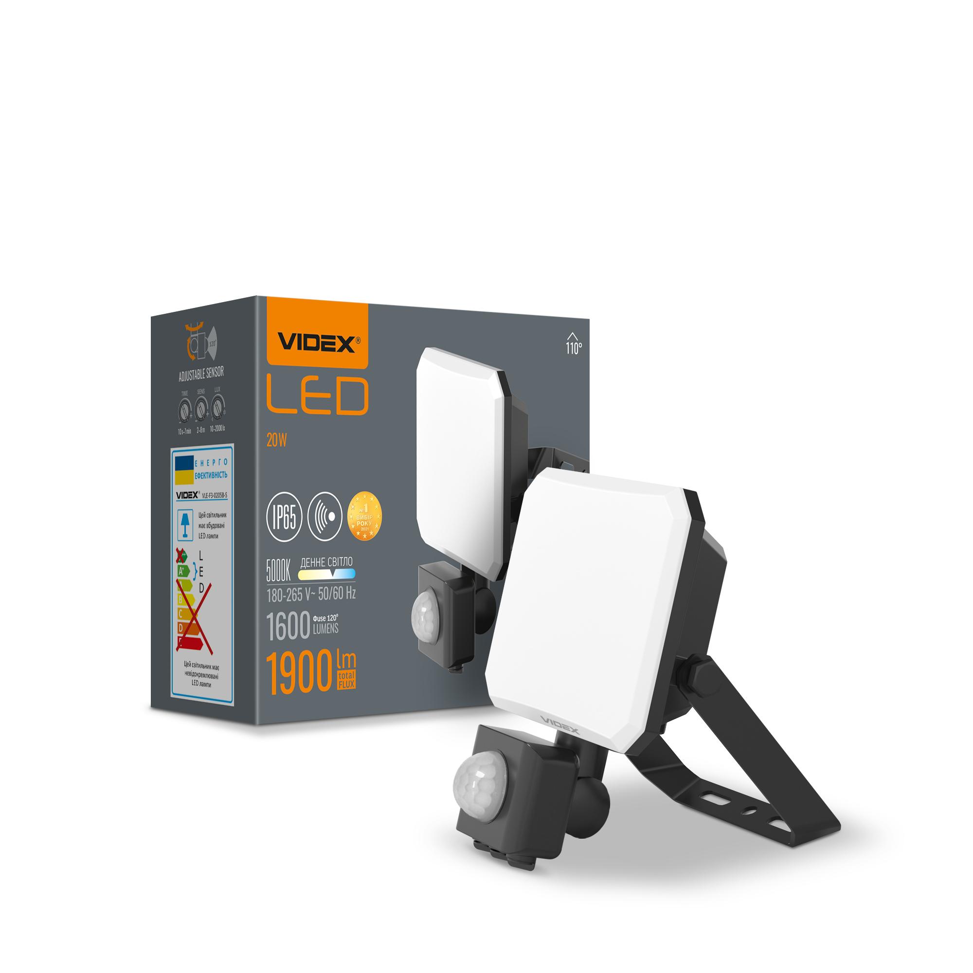 LED прожектор VIDEX F3 20W 5000K з датчиком руху 220V Black (VLE-F3-0205B-S) — фото 1 з 6
