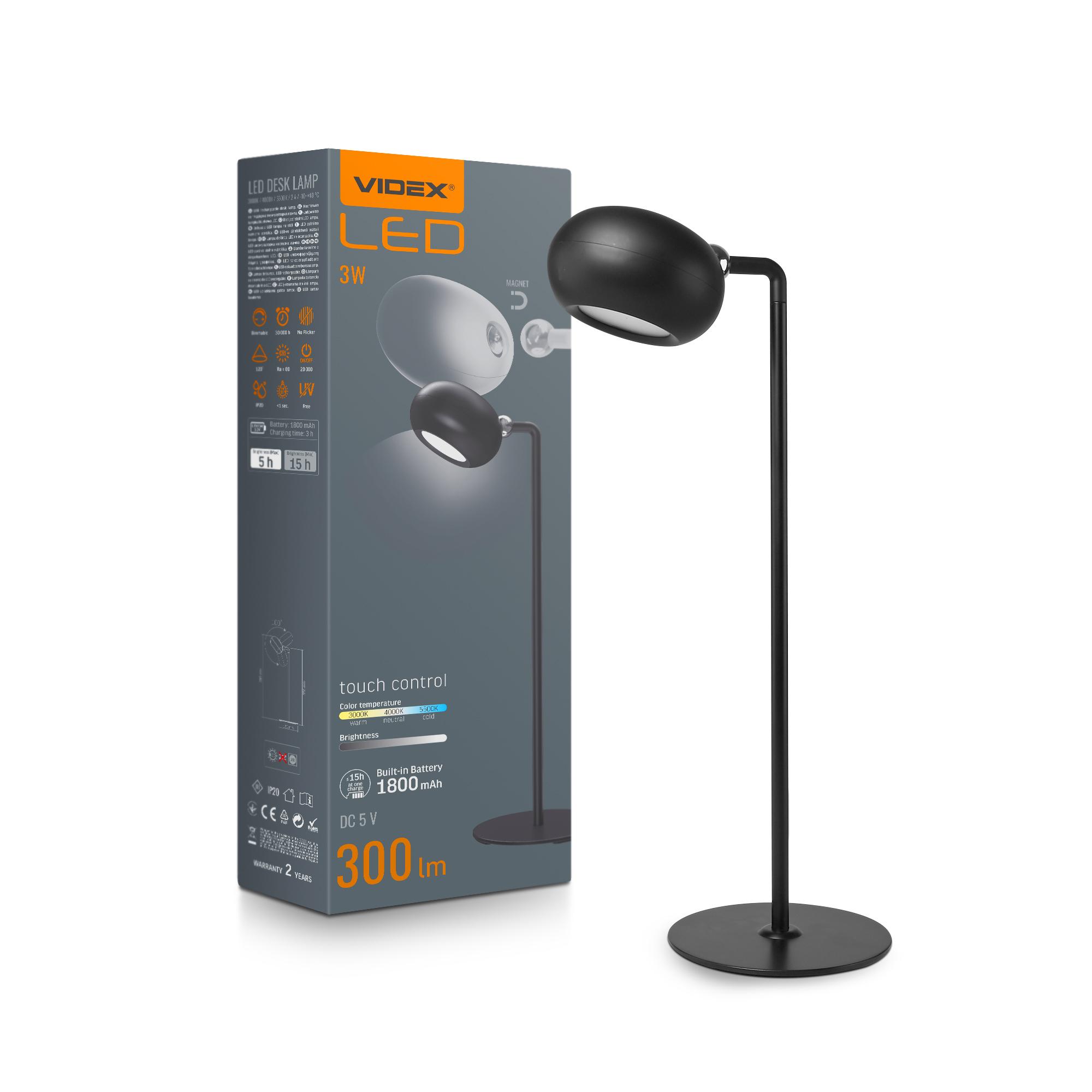 LED лампа настiльна з акумулятором VIDEX VLE-TF18B 3W 3000-5500K Чорна — фото 1 з 10