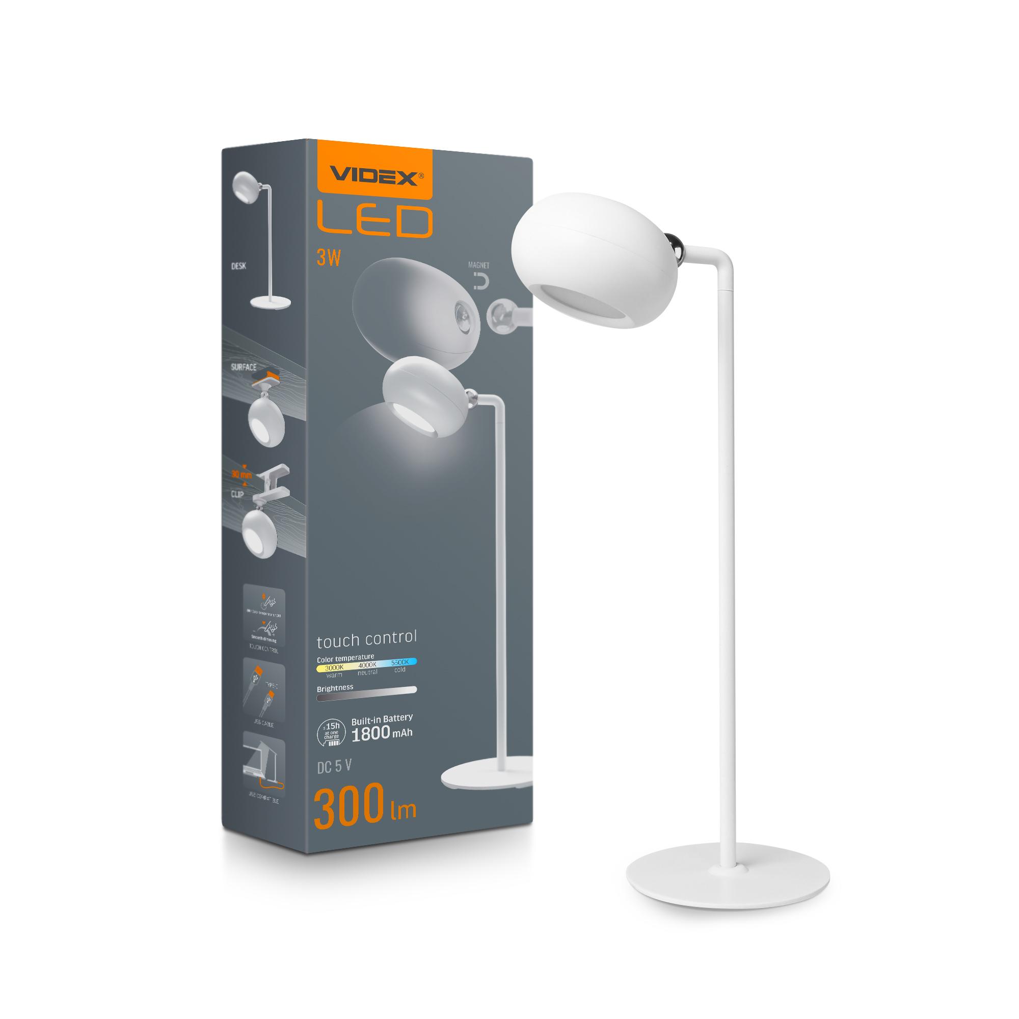 LED лампа настiльна з акумулятором VIDEX VLE-TF18W 3W 3000-5500K Біла — фото 1 з 10