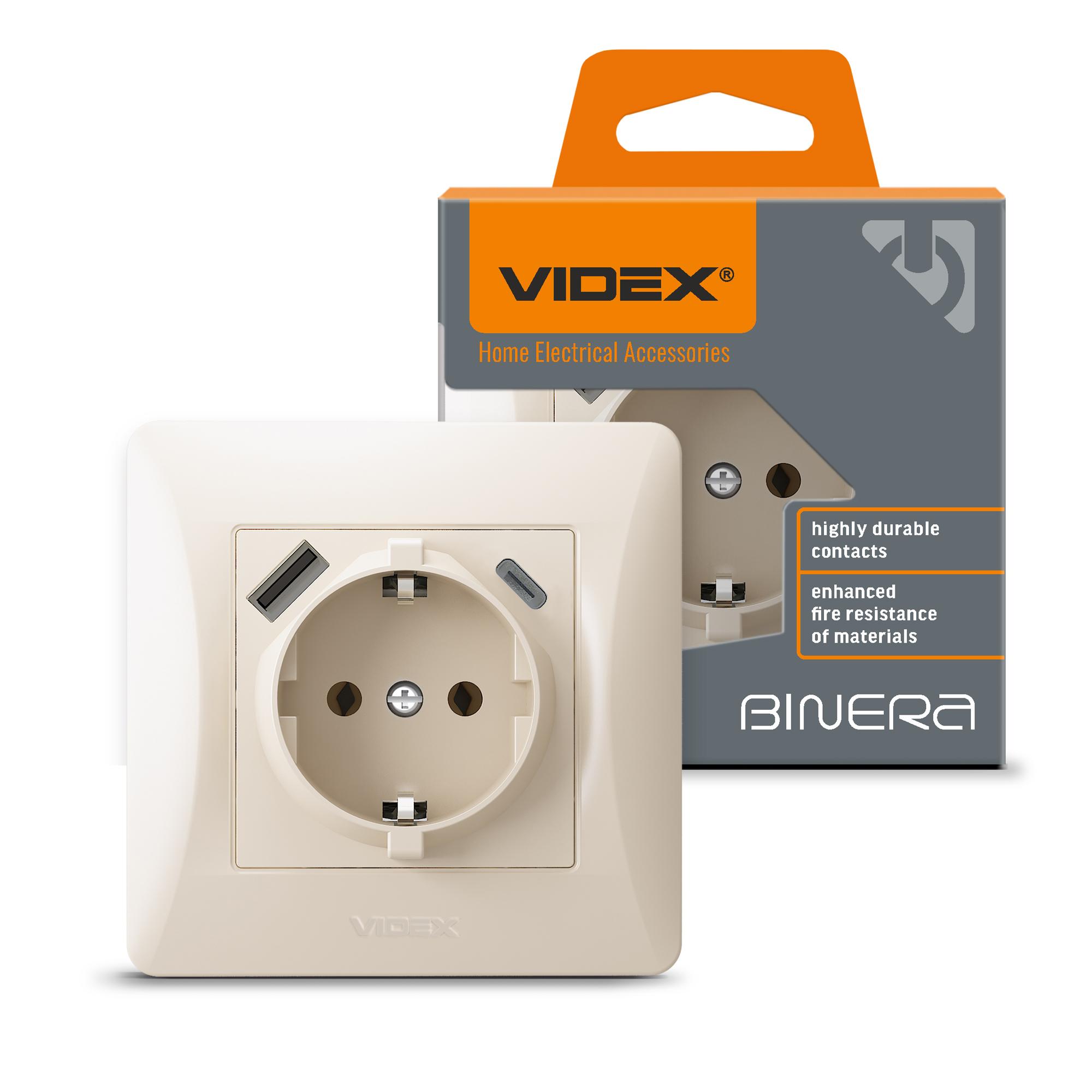 Розетка одинарна із заземленням з USB+USB-C кремова VIDEX BINERA — фото 1 з 6