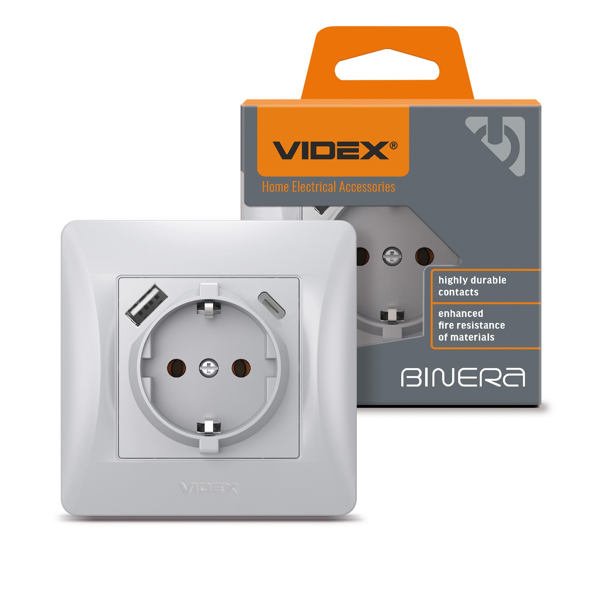 Розетка одинарна із заземленням з USB+USB-C срібний шовк VIDEX BINERA — фото 1 з 6