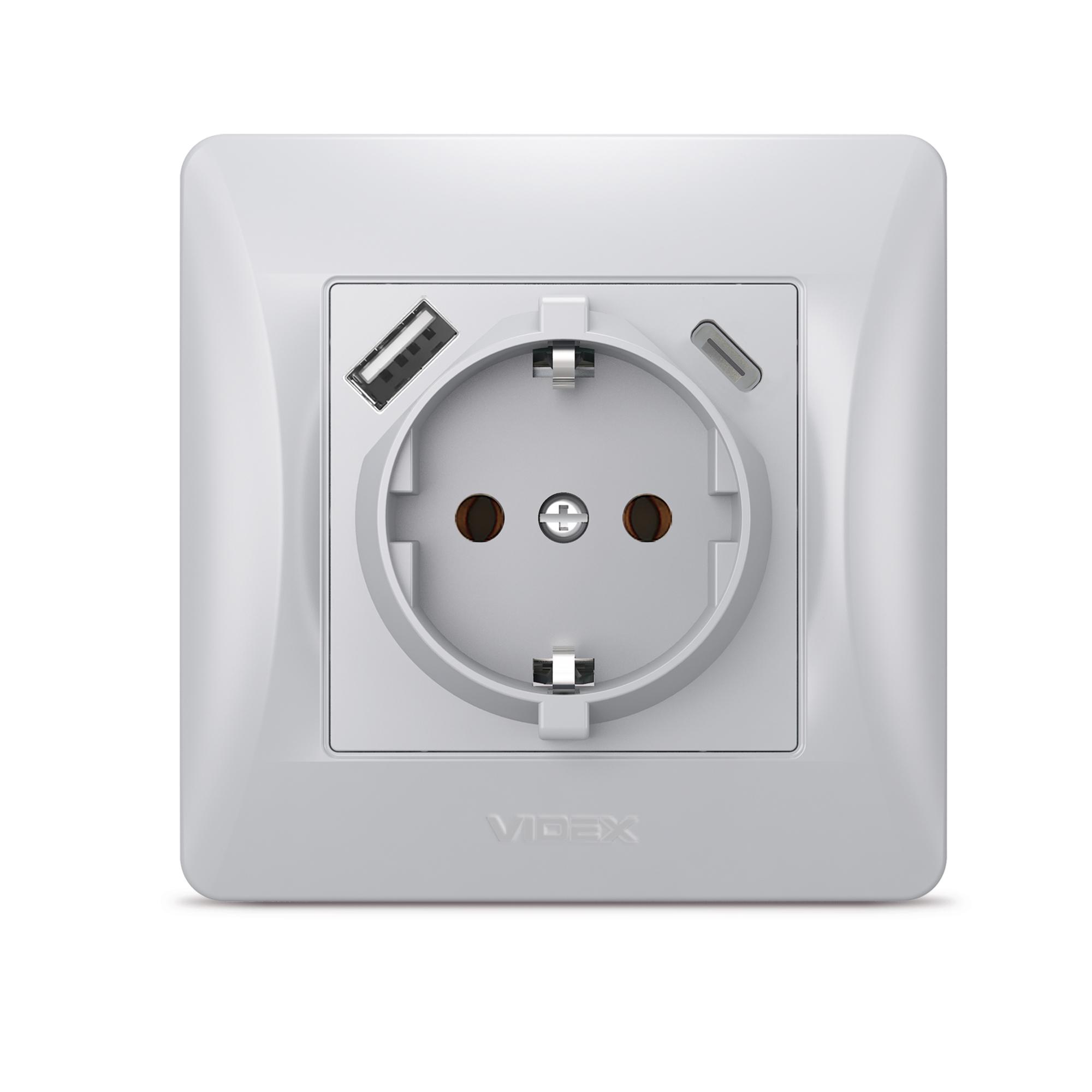 Розетка одинарна із заземленням з USB+USB-C срібний шовк VIDEX BINERA — фото 2 з 6