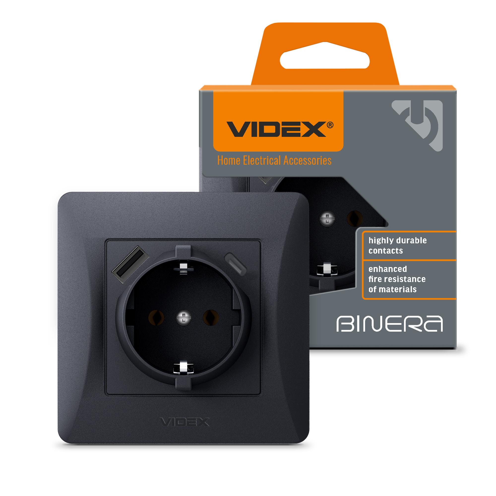 Розетка одинарна із заземленням з USB+USB-C чорний графіт VIDEX BINERA — фото 1 з 6