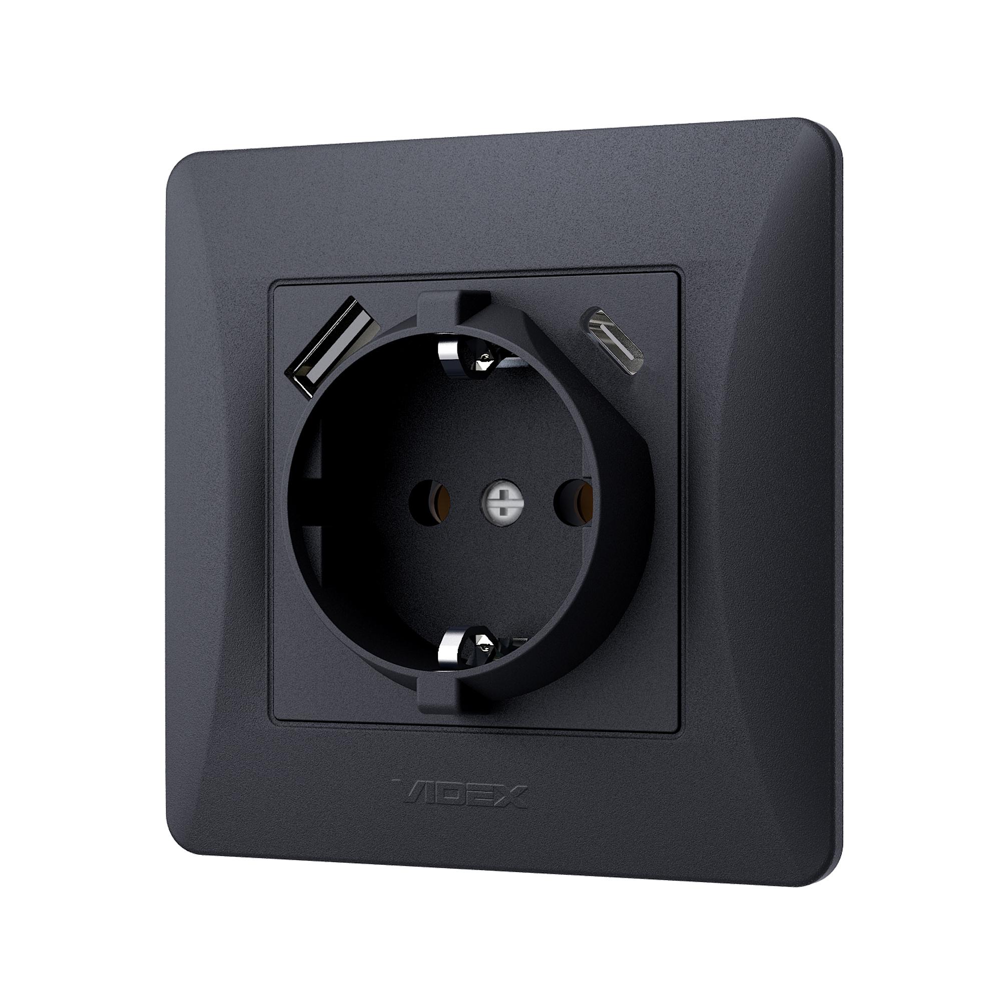 Розетка одинарна із заземленням з USB+USB-C чорний графіт VIDEX BINERA — фото 3 з 6