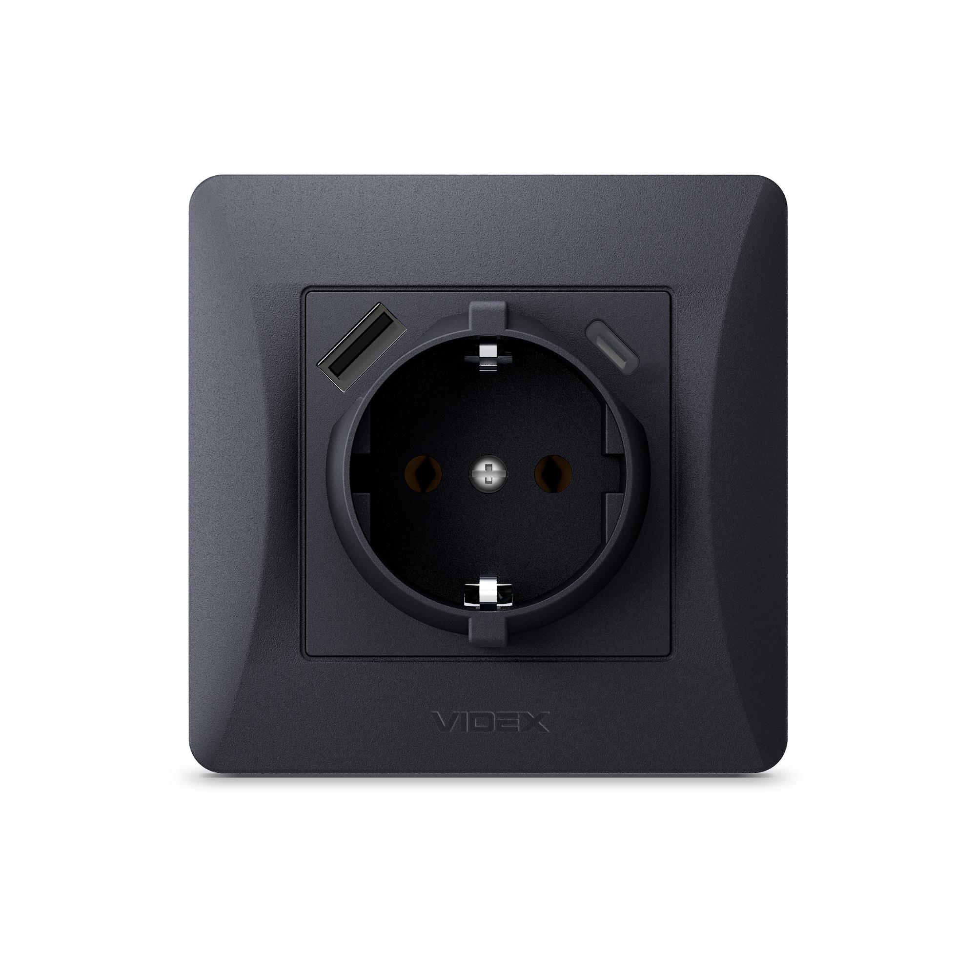 Розетка одинарна із заземленням з USB+USB-C чорний графіт VIDEX BINERA — фото 2 з 6