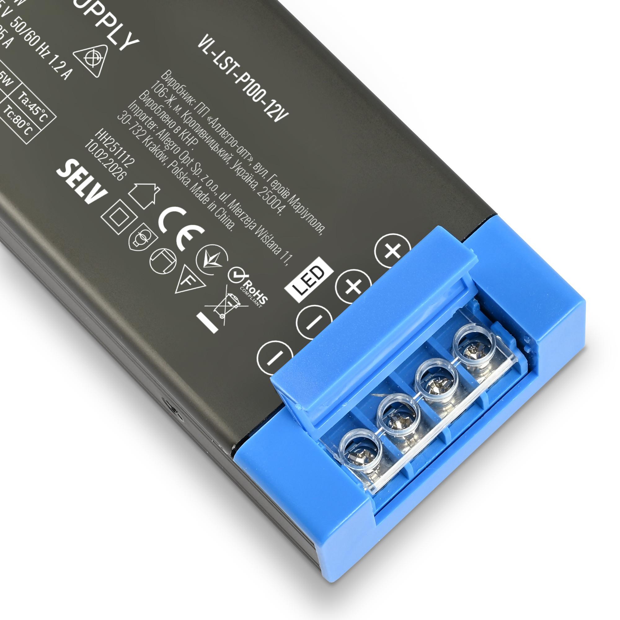 Блок живлення для LED стрічки VIDEX DC12V 8.25A 100W (VL-LST-P100-12V) — фото 6 з 7