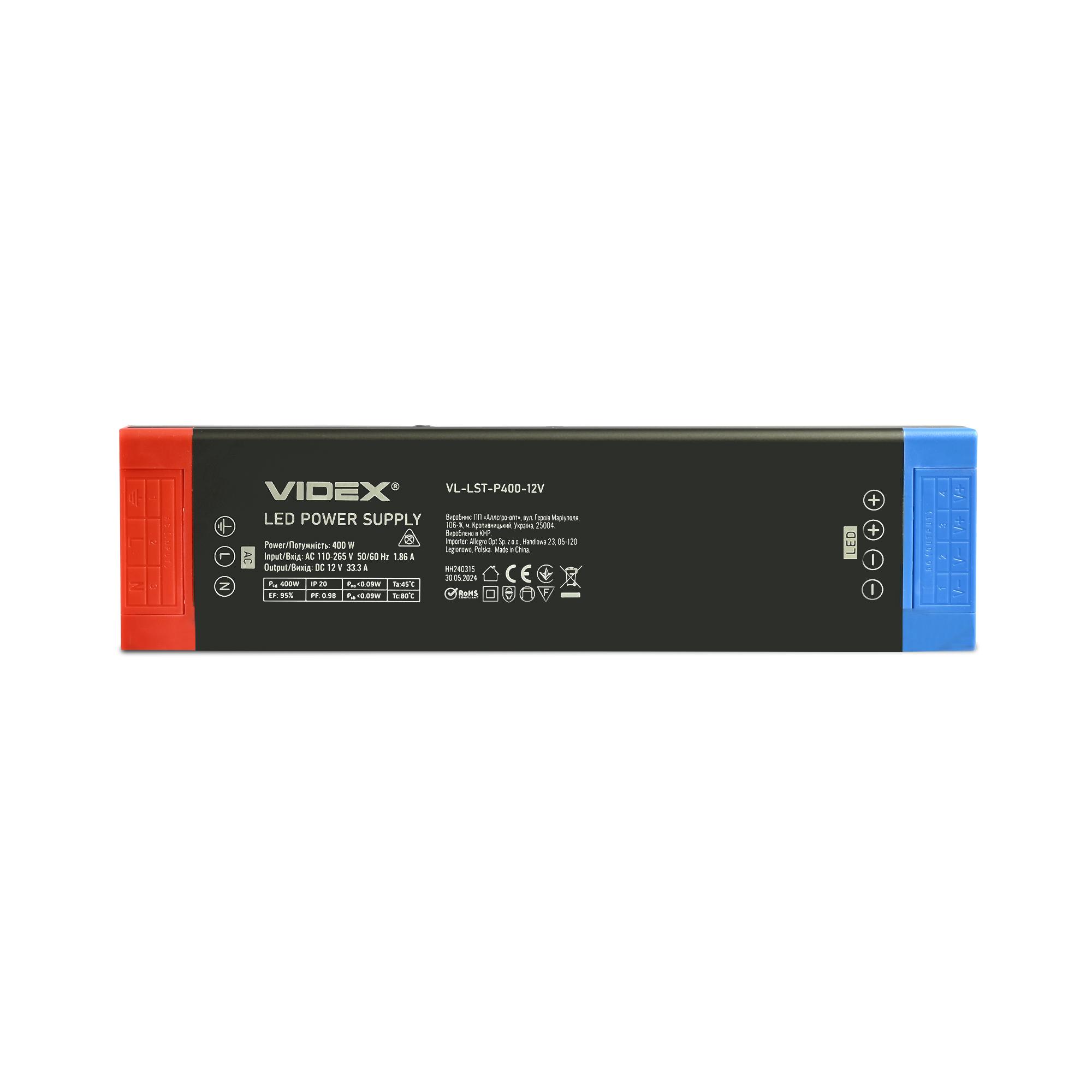 Блок живлення для LED стрічки VIDEX DC12V 33.3A 400W IP20 (VL-LST-P400-12V) — фото 3 з 7