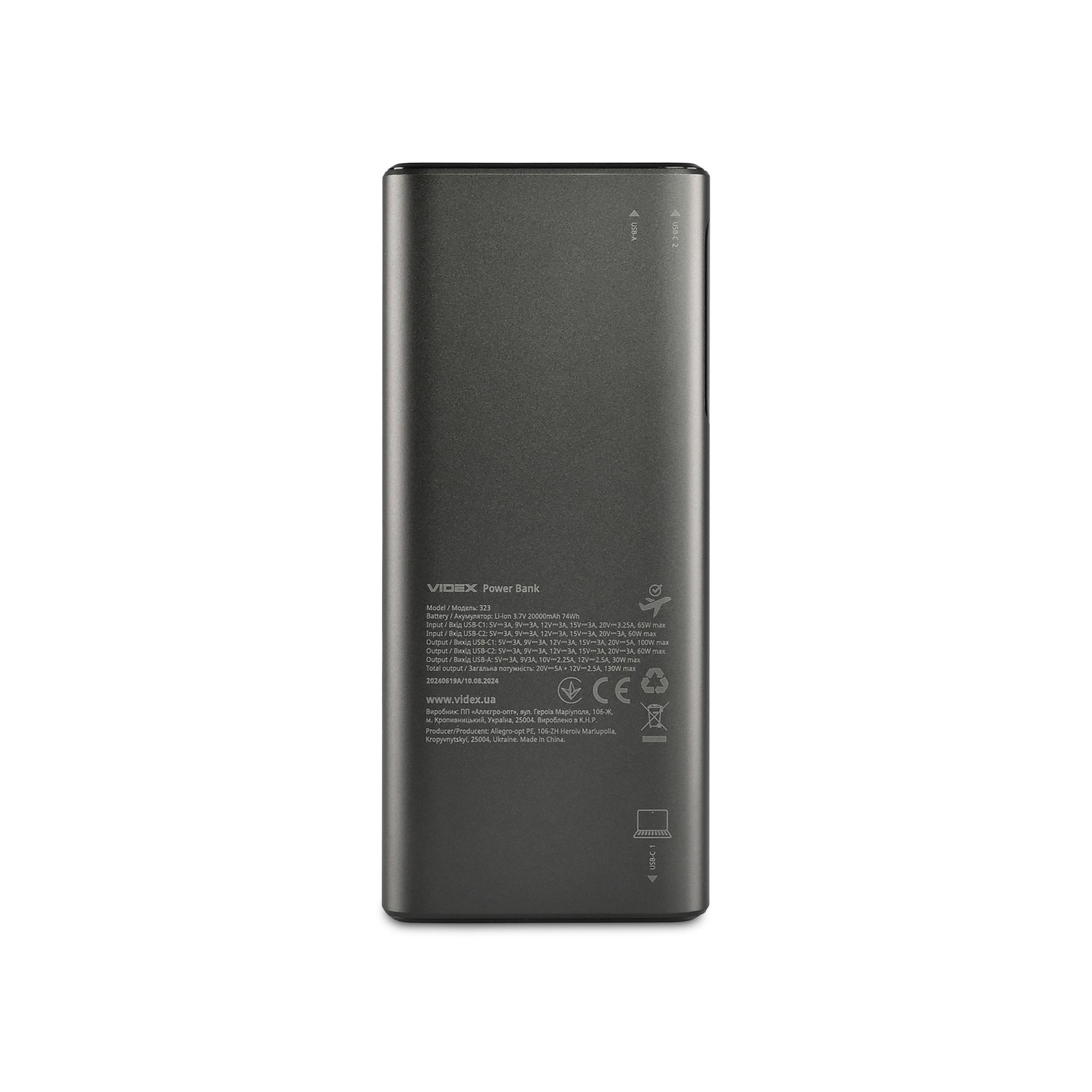 Повербанк 20000mAh VIDEX VPB-323 130W PD100W +Display — фото 4 з 11