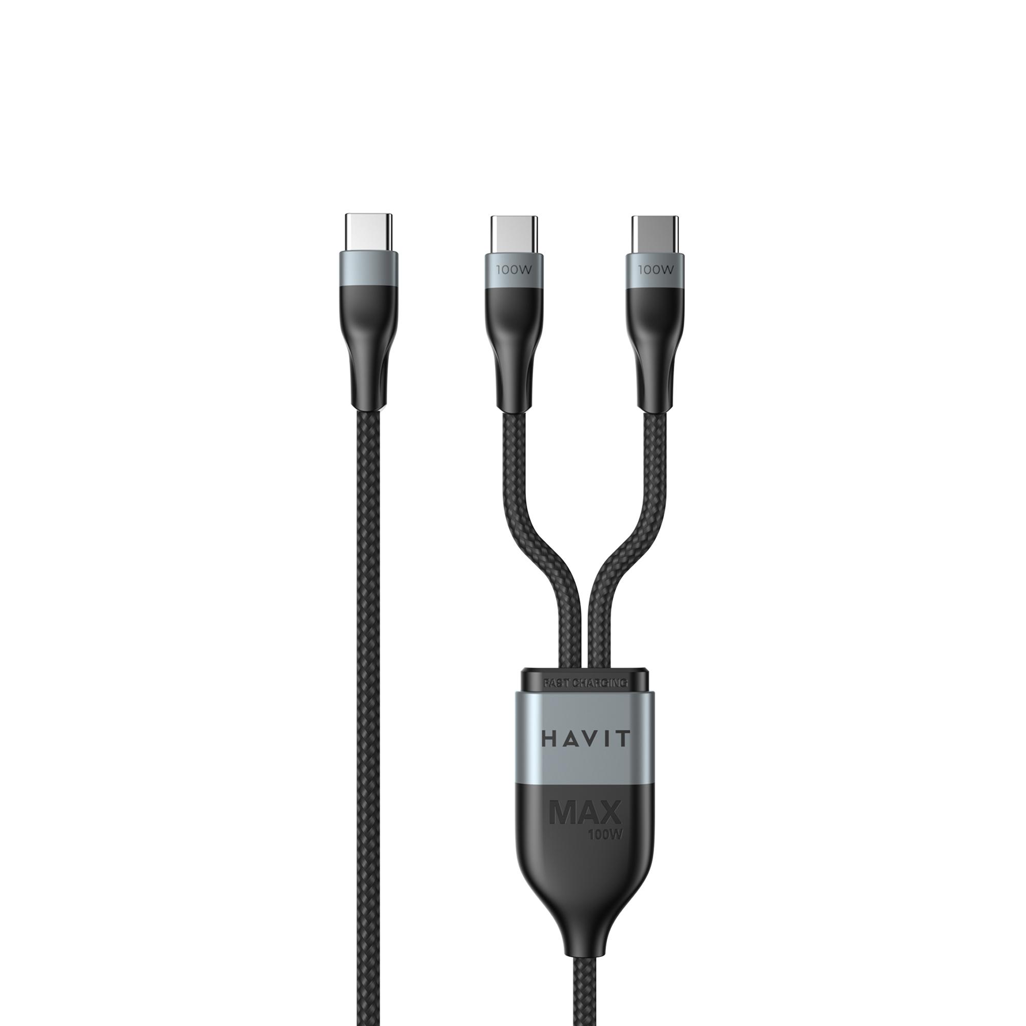 Кабель USB-C - USB-C + USB-C HAVIT HV-CB6325 PD100W 5A 1.2м — фото 1 з 4