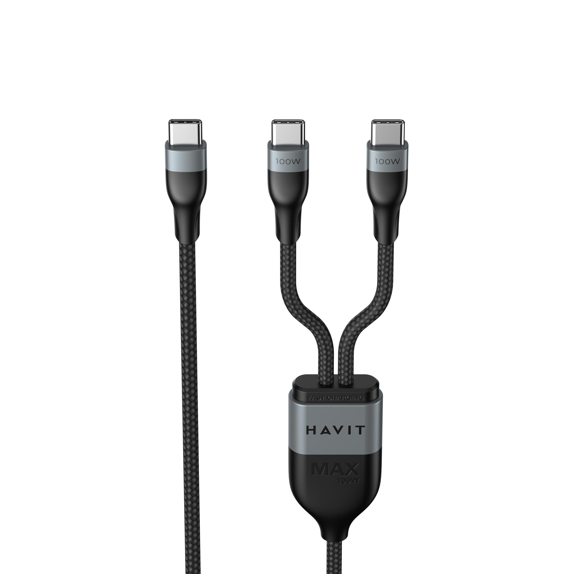 Кабель USB-C - USB-C + USB-C HAVIT HV-CB6325 PD100W 5A 1.2м — фото 2 з 4