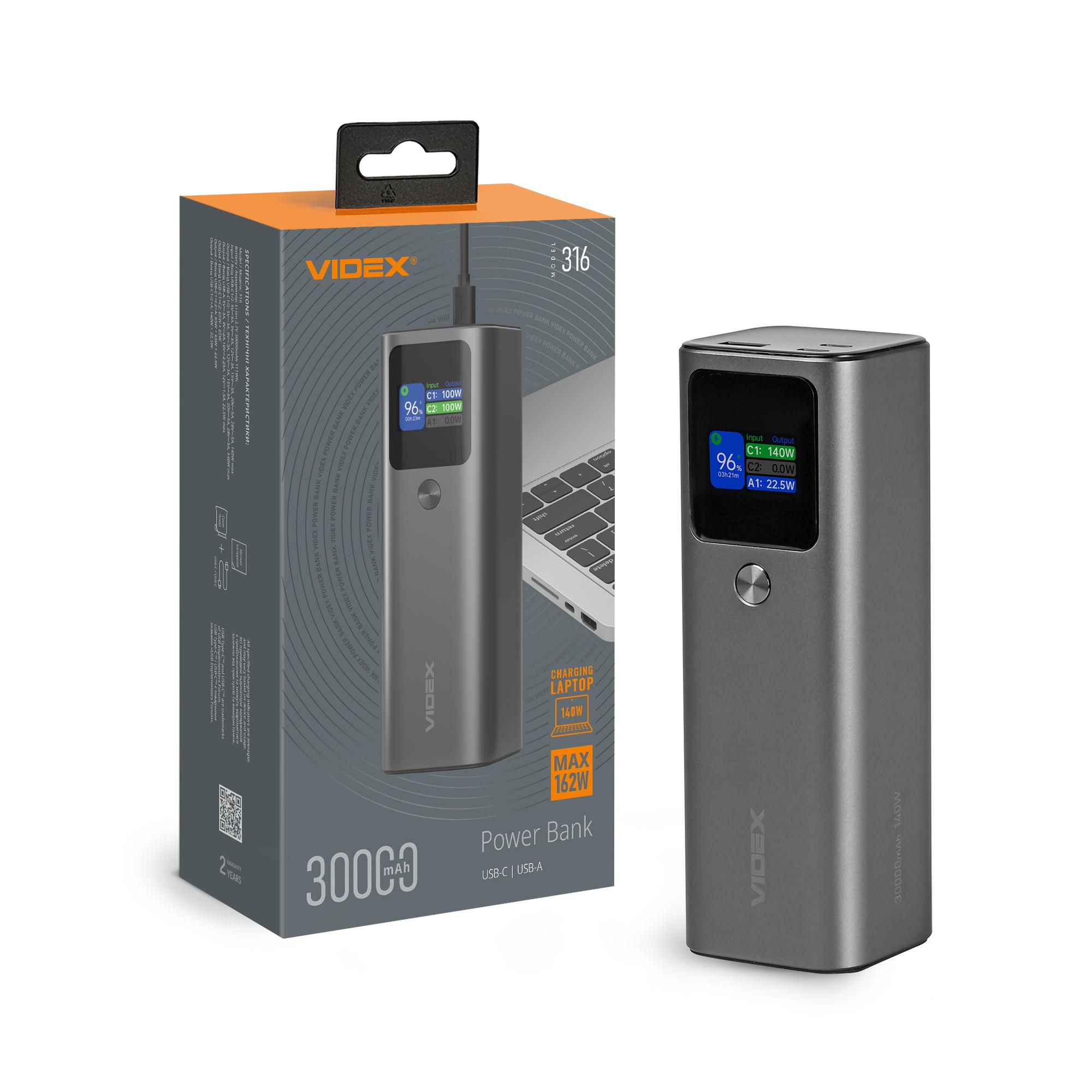 Повербанк 30000mAh VIDEX VPB-316 162W PD140W +Display
