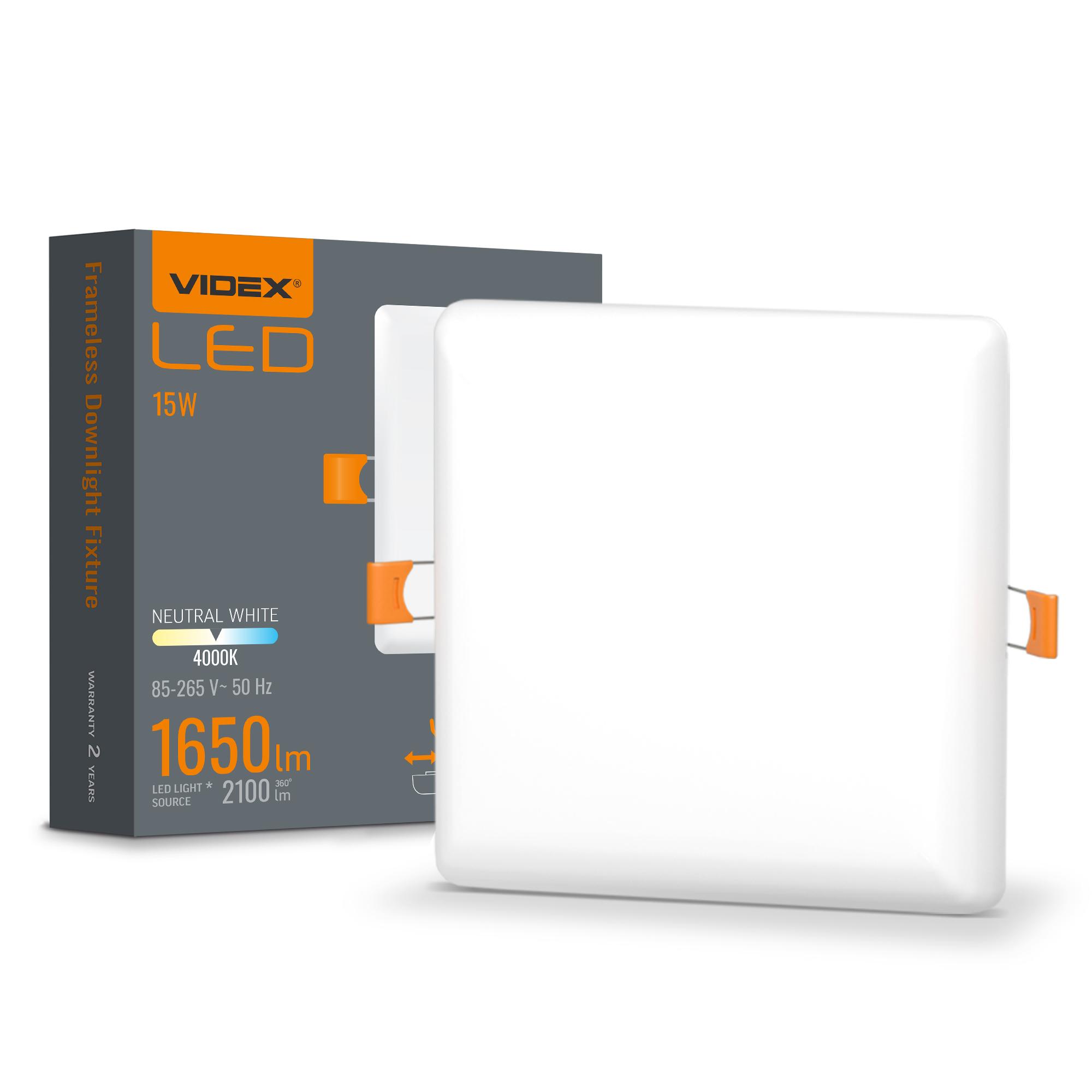 LED світильник безрамковий квадратний VIDEX VLE-DLFS-154 15W 4000K 220V — фото 1 з 4