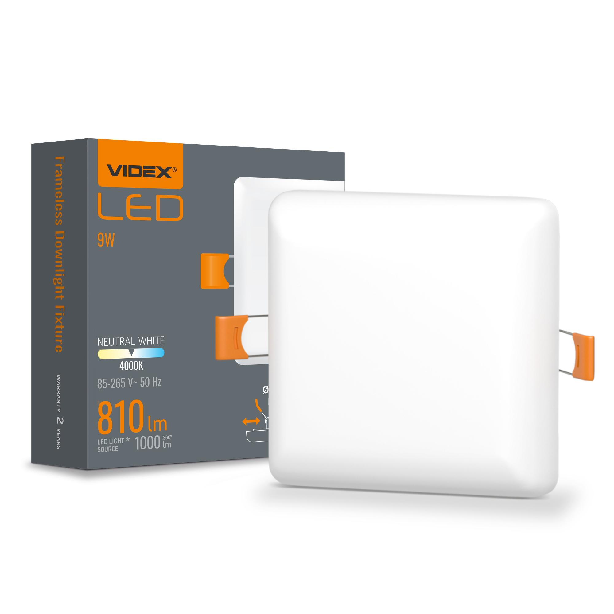 LED світильник безрамковий квадратний VIDEX VLE-DLFS-094 9W 4000K 220V